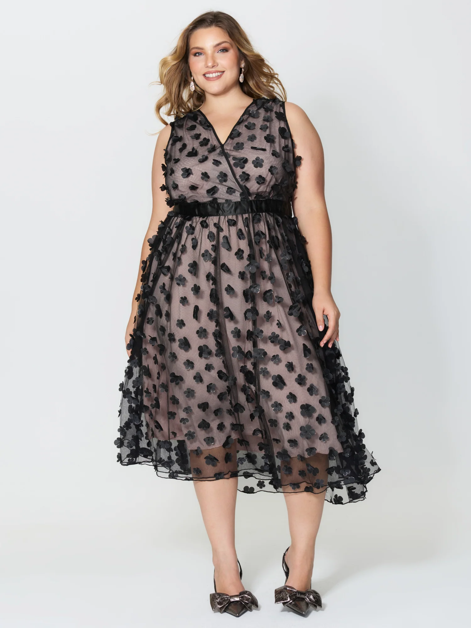 3D Floral Back-Tie Sheer Midi Dress