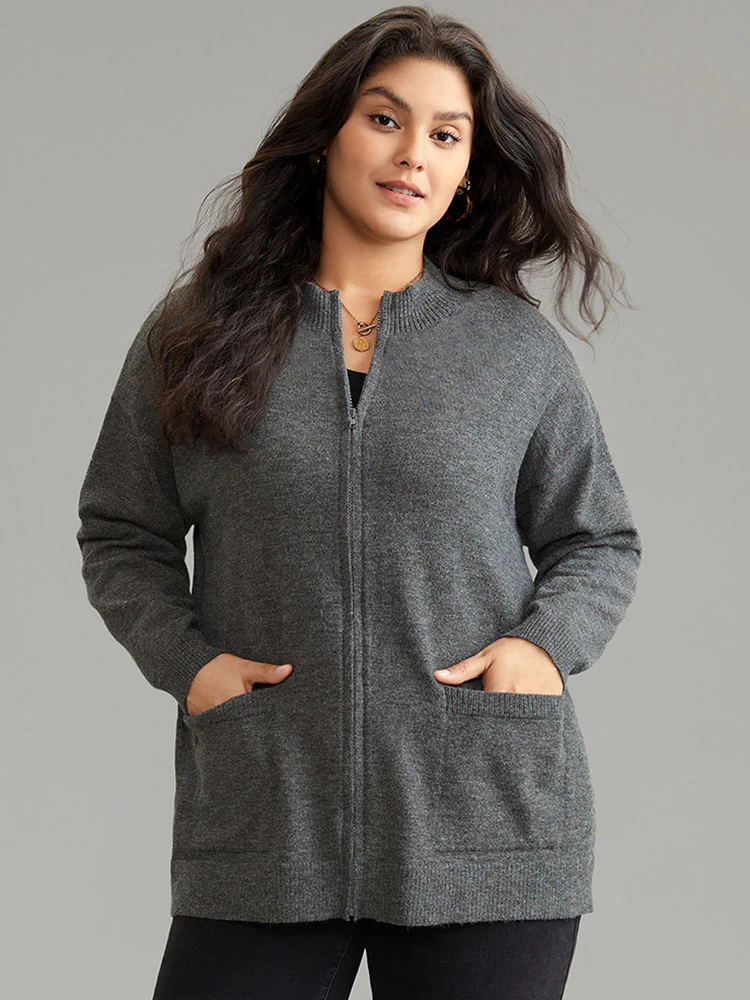 Anti-Pilling Zipper Fly Patched Pocket Cardigan
