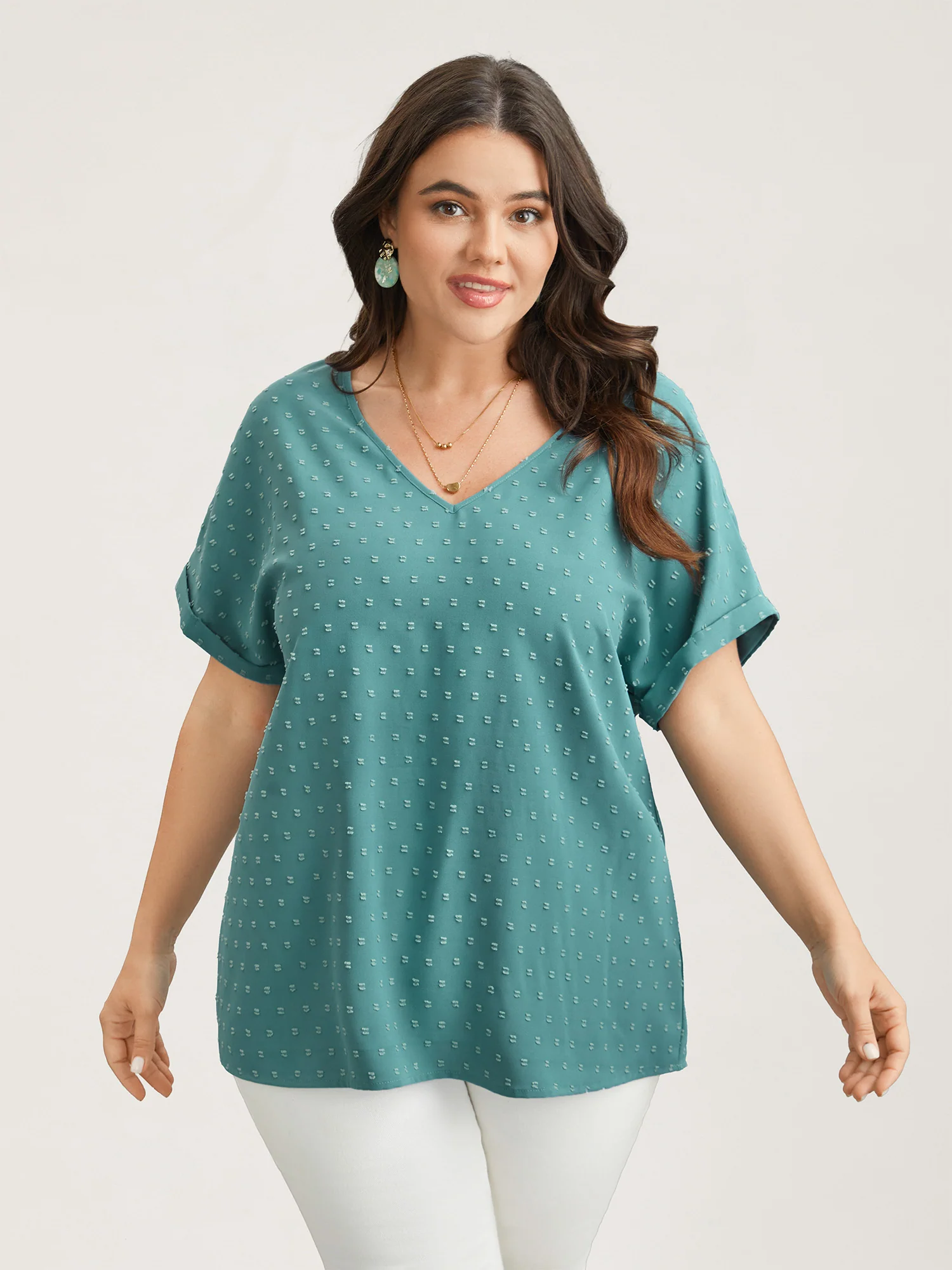 Back-Button Textured V-Neck Shirt - Image 9