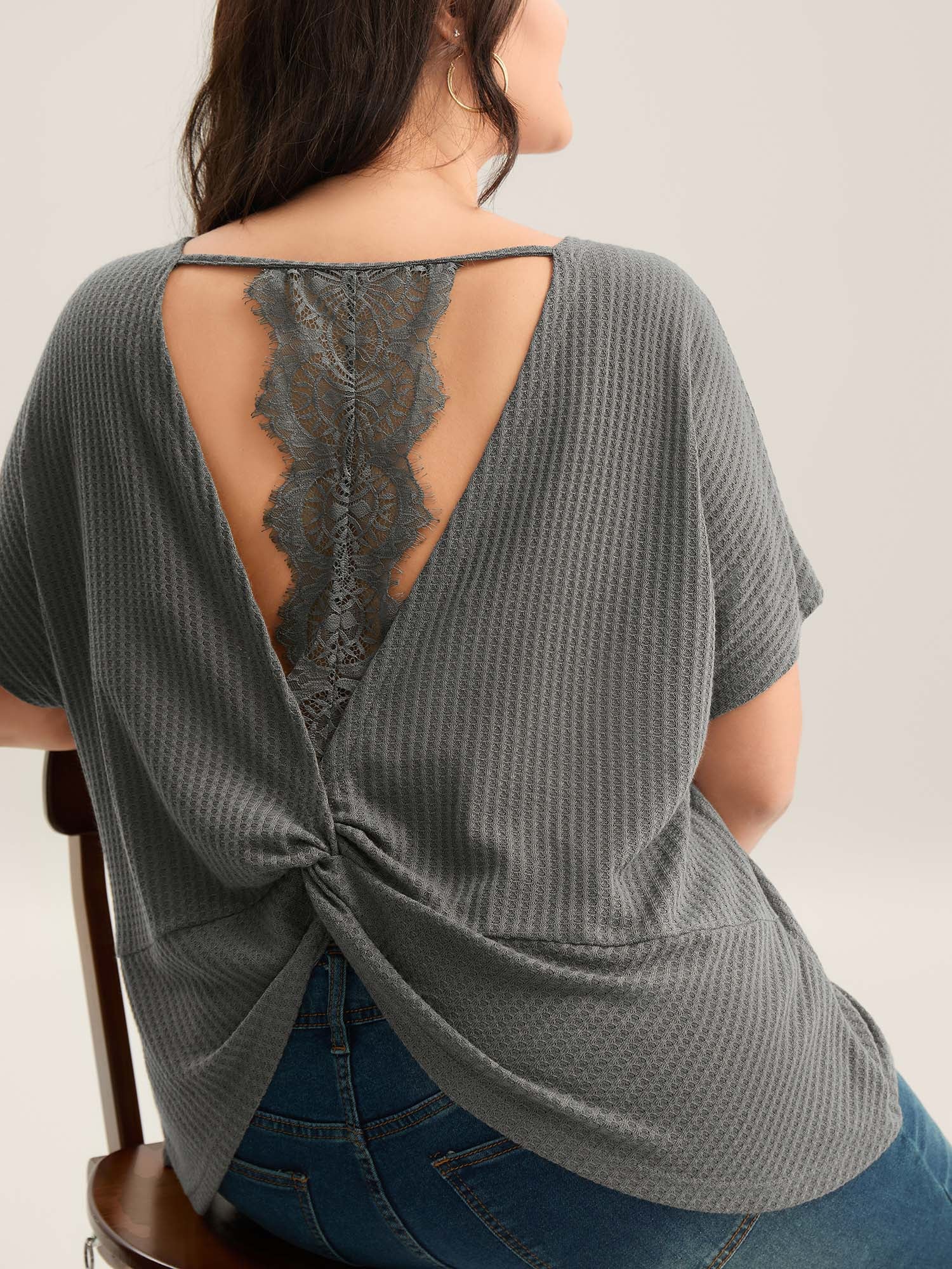 Backless Lace Crossover Solid T-Shirt