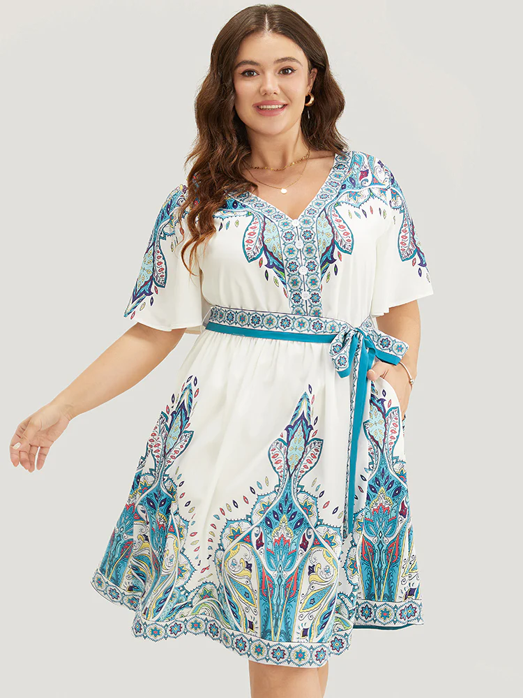 Bandana Button Detail Pocket Belt Knee Dress