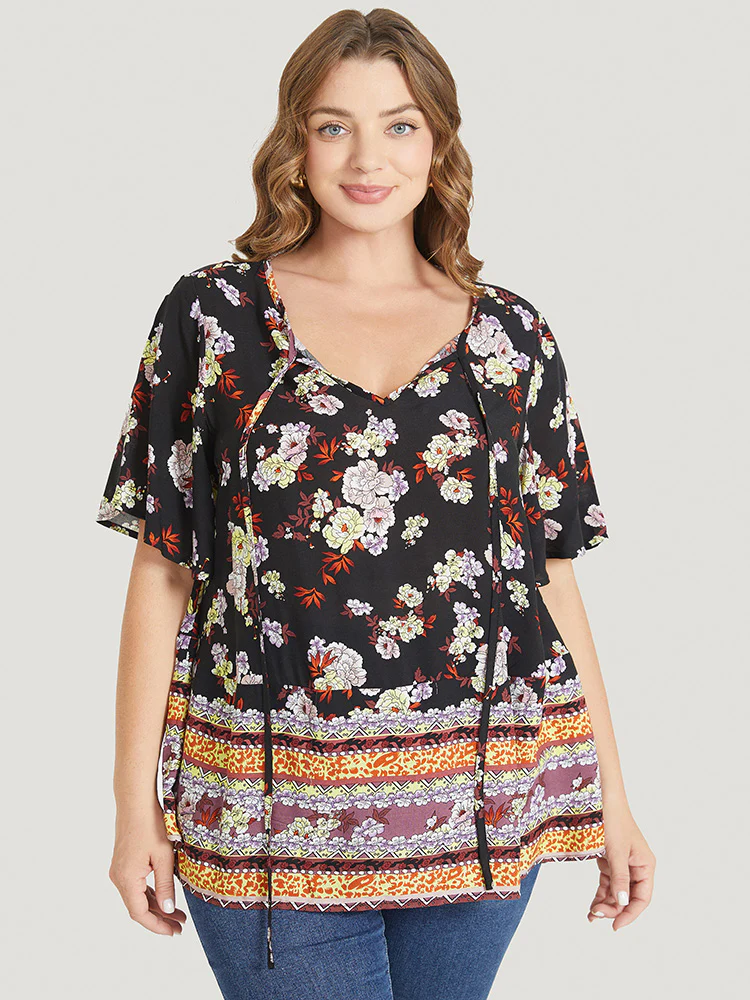 Bandana Flutter Sleeve Tie Neck Cut Out Blouse