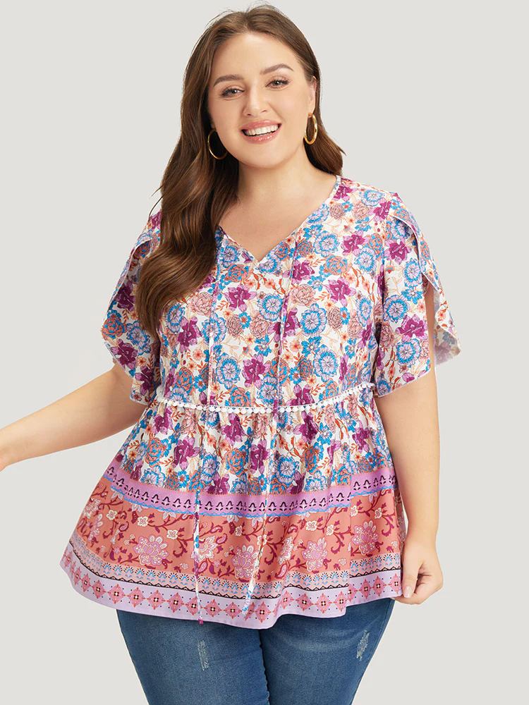 Bandana Print Petal Sleeve Tie Neck Pompom Trim Blouse