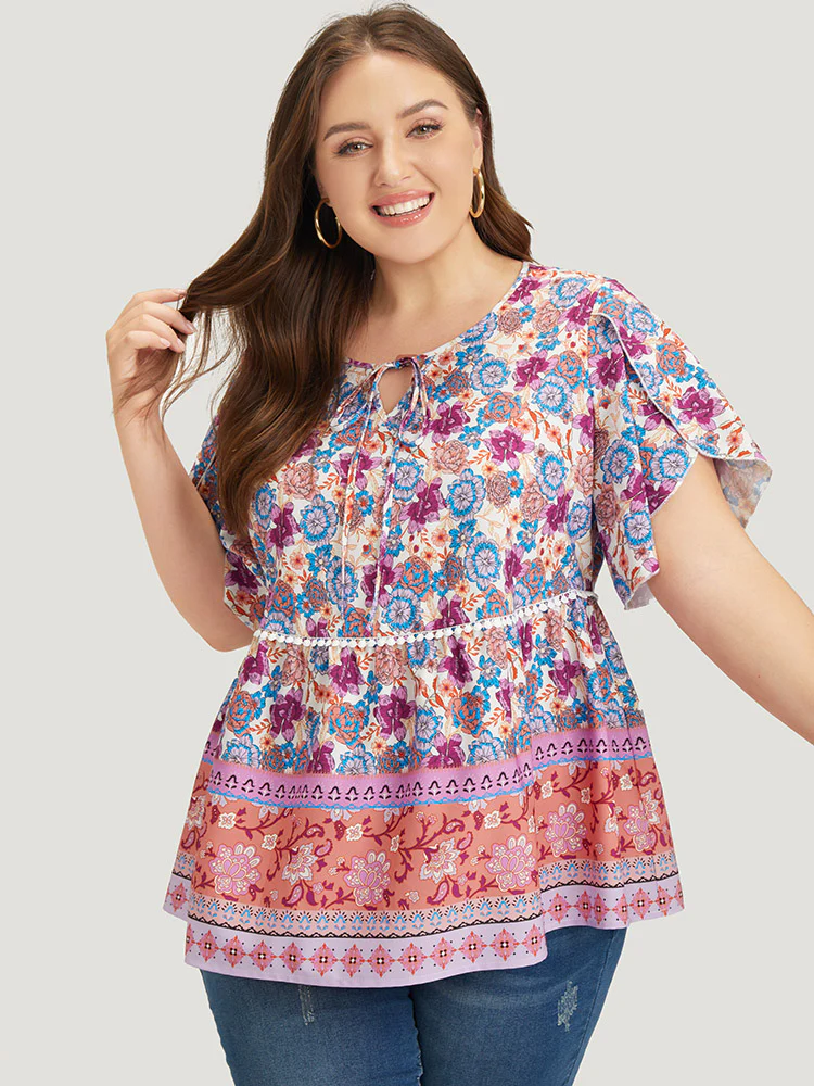 Bandana Print Petal Sleeve Tie Neck Pompom Trim Blouse - Image 2