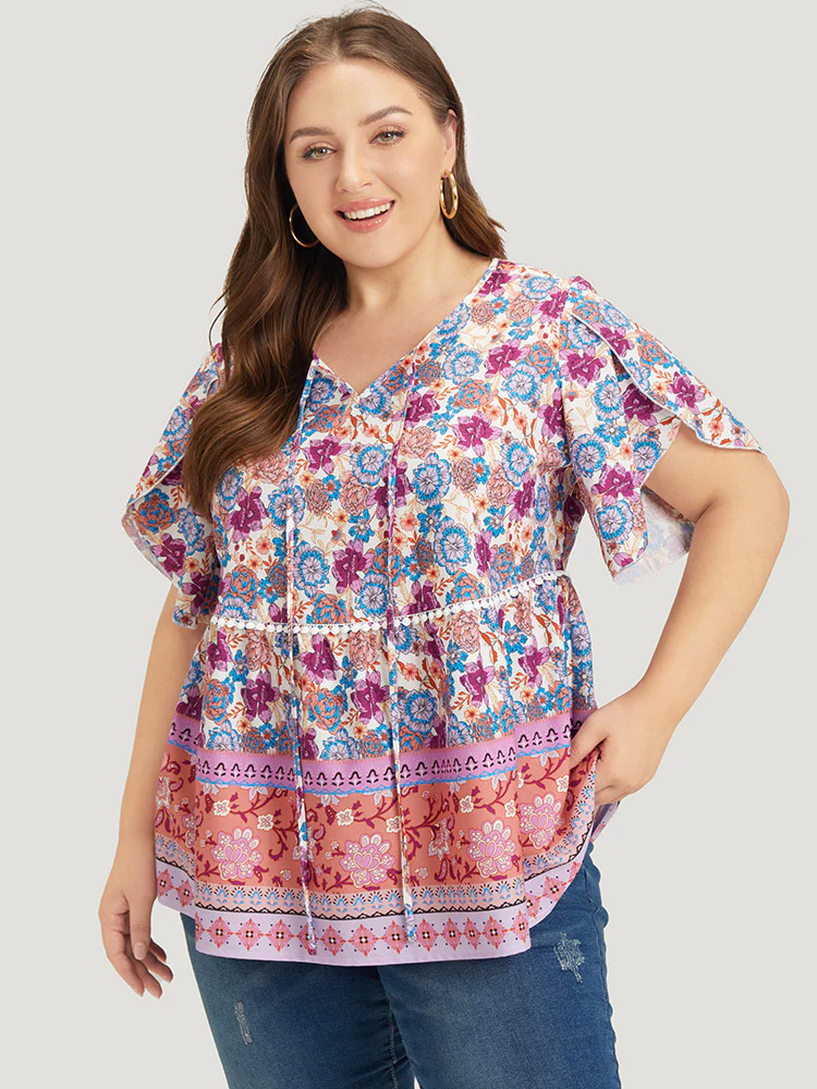 Bandana Print Petal Sleeve Tie Neck Pompom Trim Blouse - Image 3