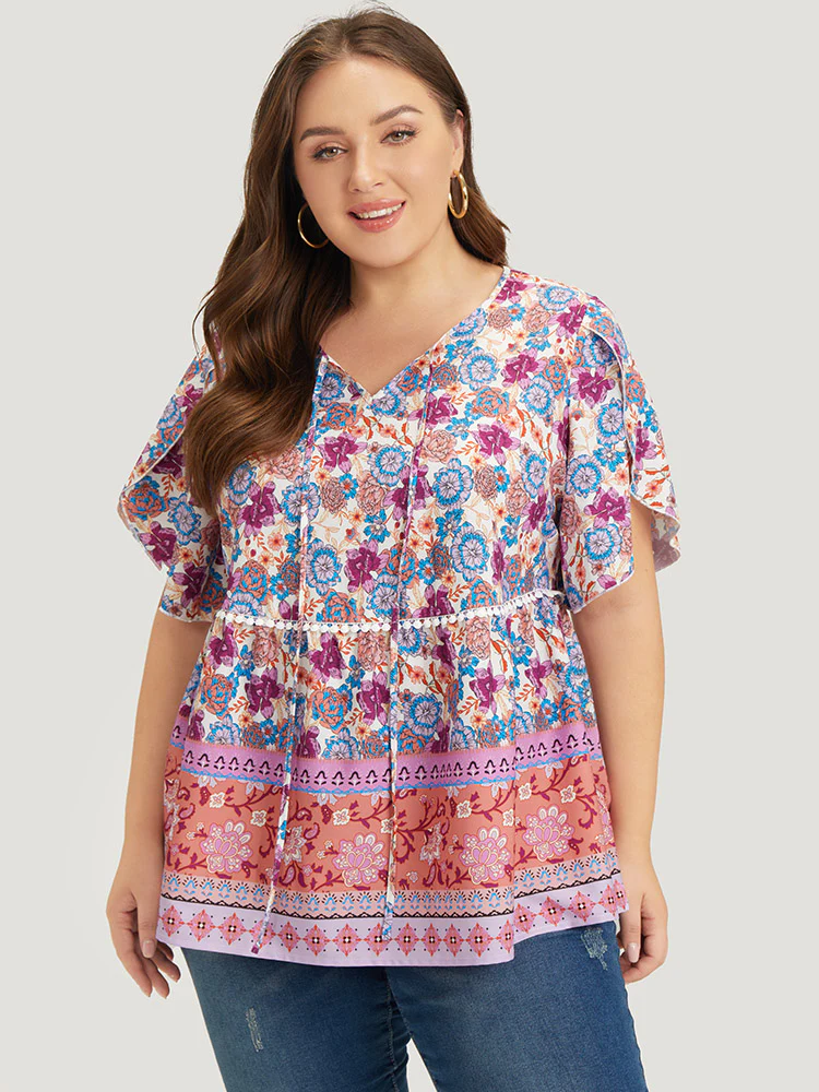 Bandana Print Petal Sleeve Tie Neck Pompom Trim Blouse - Image 4