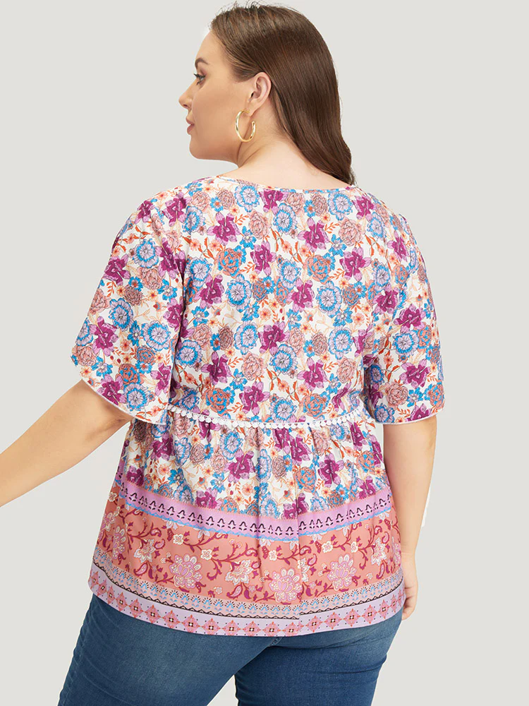 Bandana Print Petal Sleeve Tie Neck Pompom Trim Blouse - Image 5