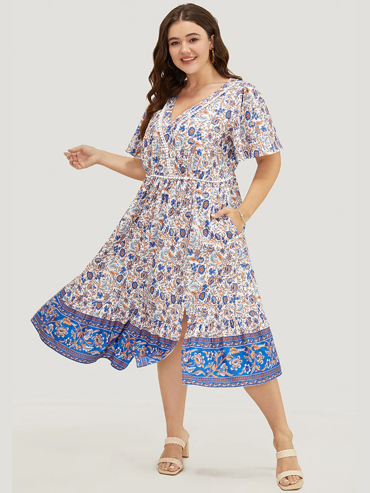 Bandana Print Pocket Pompom Trim Wrap Split Ruffle Dress