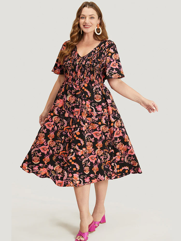 Bandana Print Pocket Shirred V Neck Ruffle Hem Dress