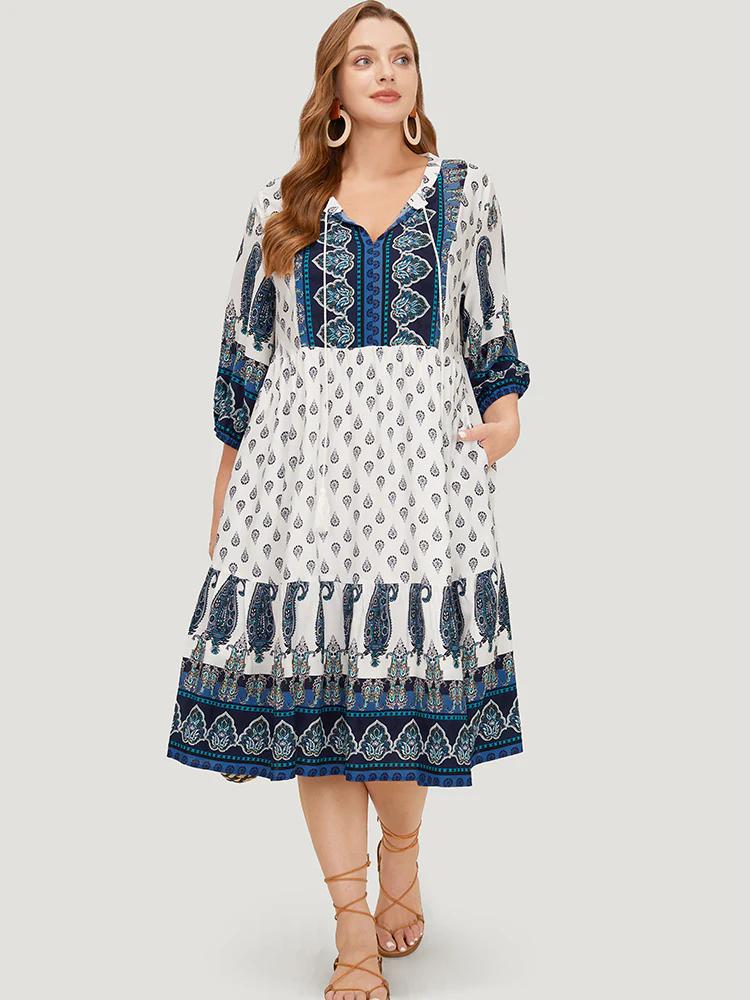 Bandana Print Ruffles Lantern Sleeve Pocket Tassels Tie Neck Dress
