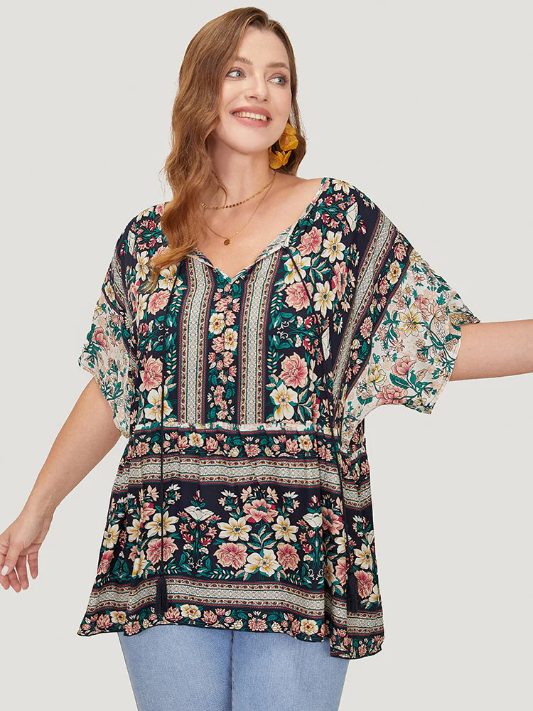 Bandana Print Tie Neck Tassels Batwing Sleeve Blouse