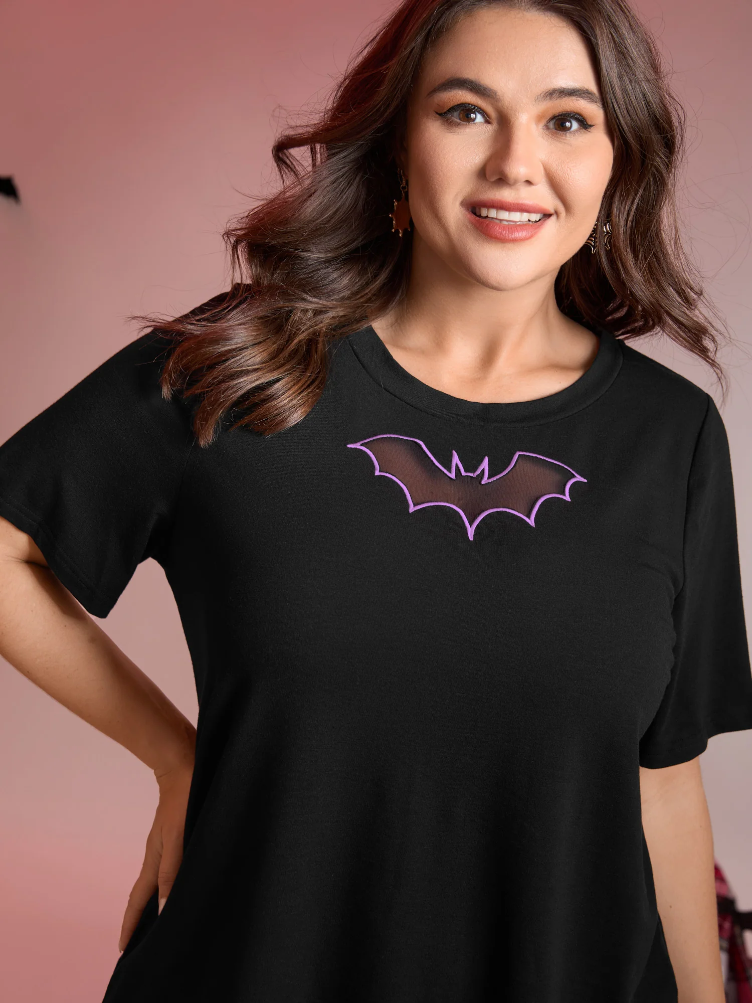 Bat Neck Cut-Out Stretchy Embroidered T-Shirt