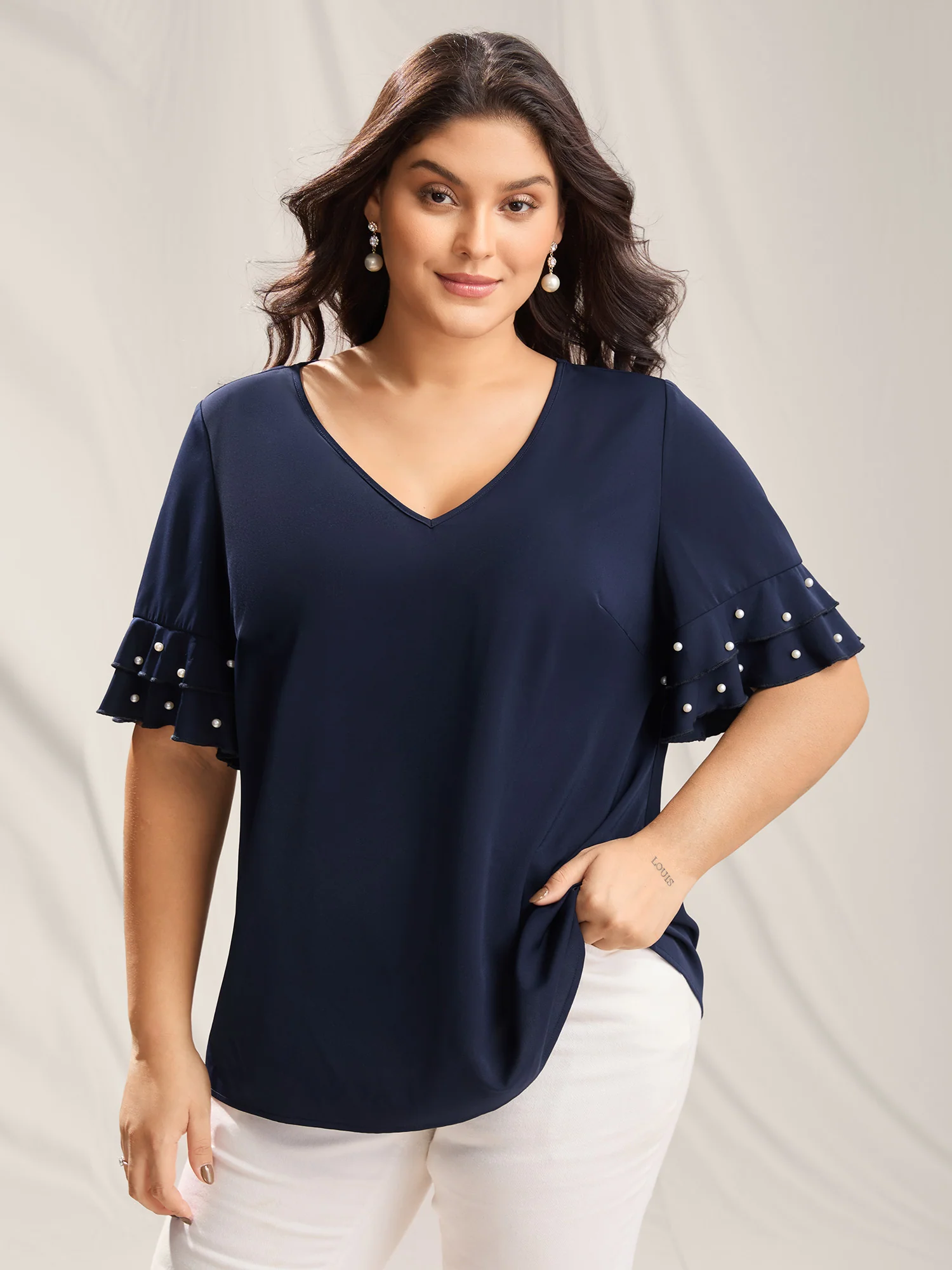 Beaded Layered Sleeve Plain Blouse