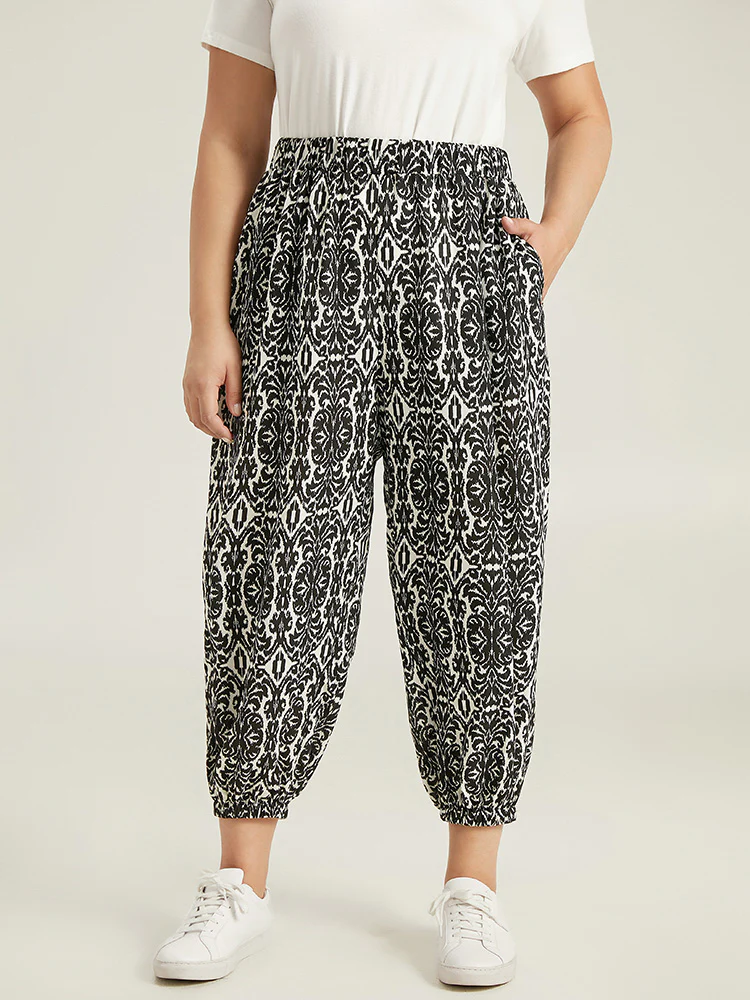 Boho Print Elastic Waist Harem Pants
