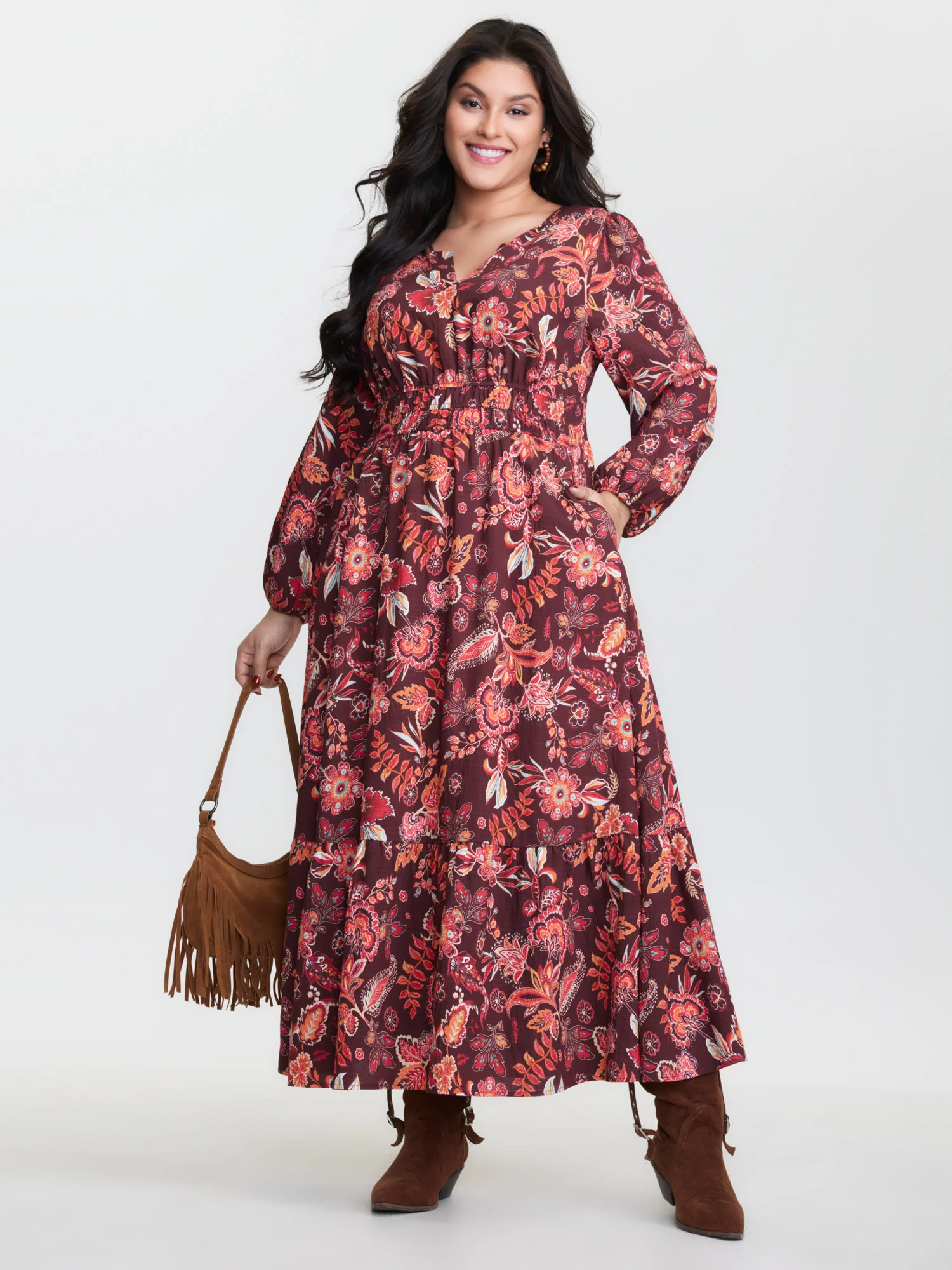 Boho Floral Print Cinched-Waist Maxi Dress