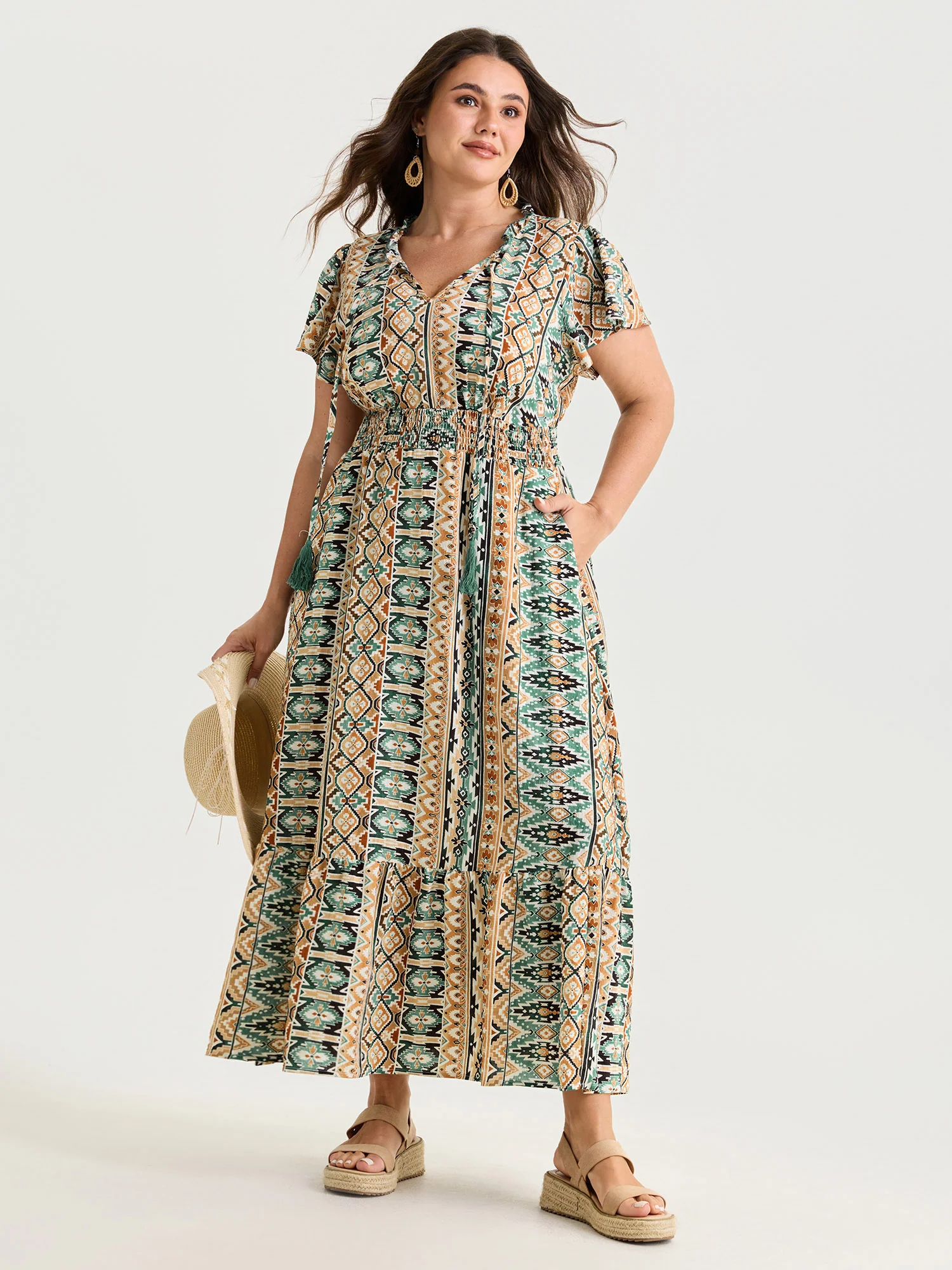 Boho Geometric Print Ruffled Neckline Maxi Dress