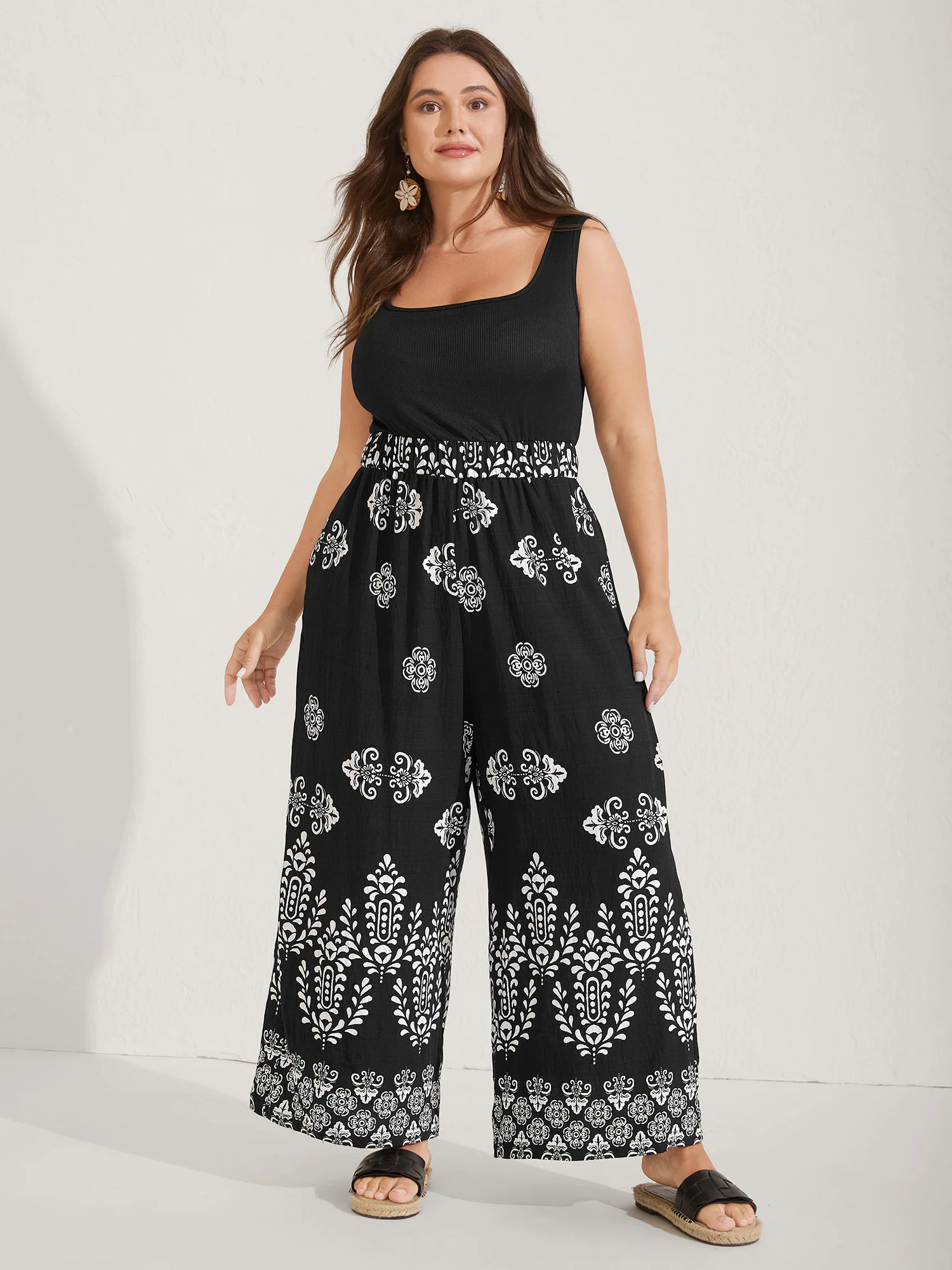 Boho Print Color Contrast Flowy Jumpsuit