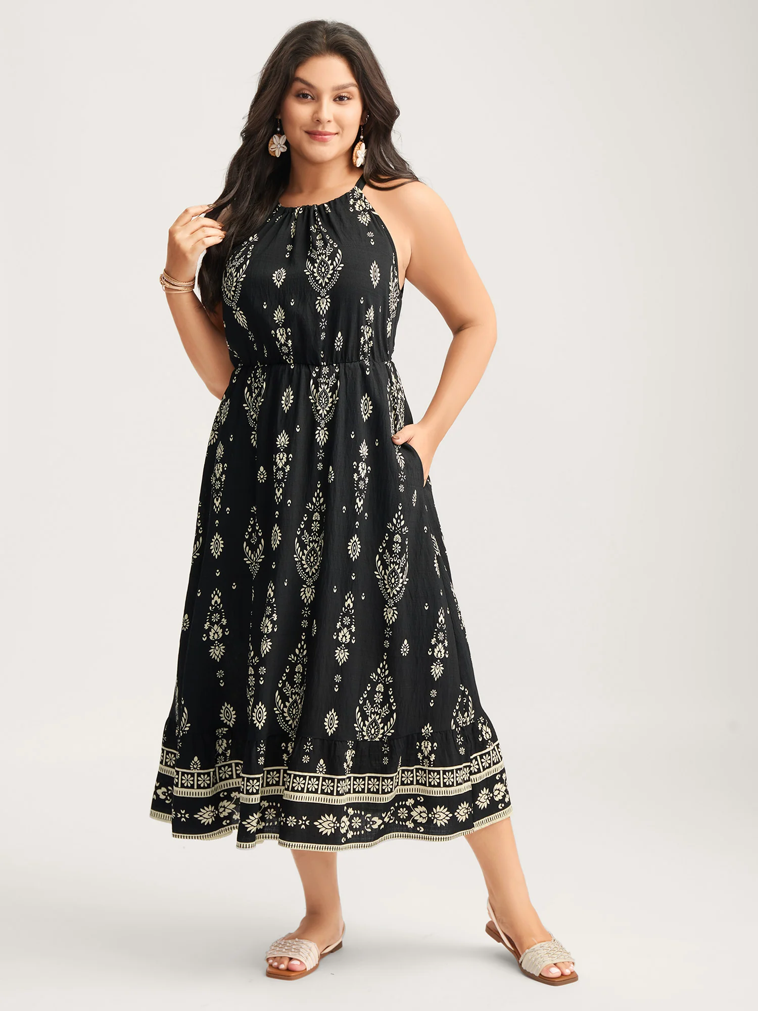 Boho Print Halter Neck Pockets Midi Dress