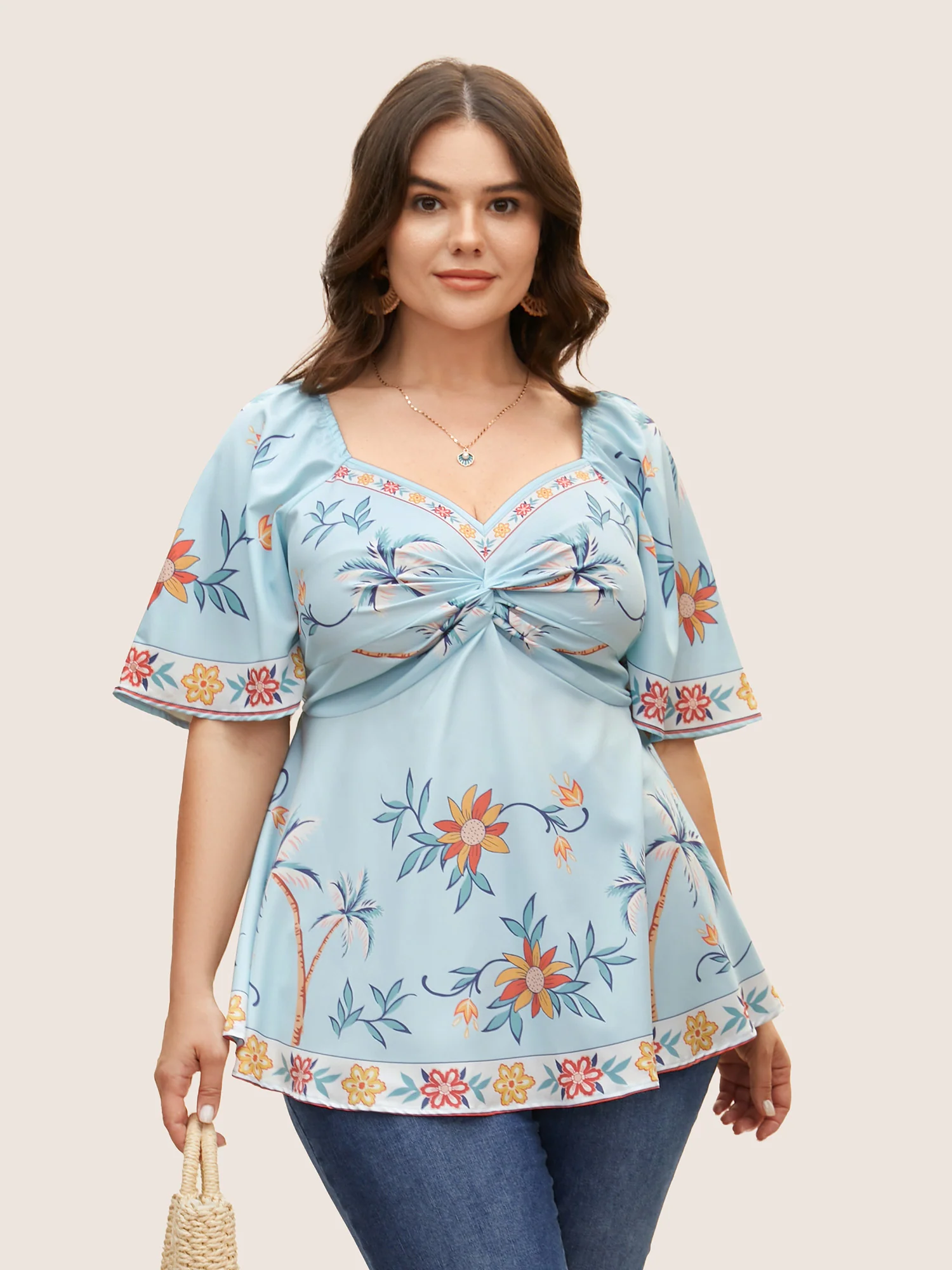 Boho Print Heart Neckline Twist Front Blouse