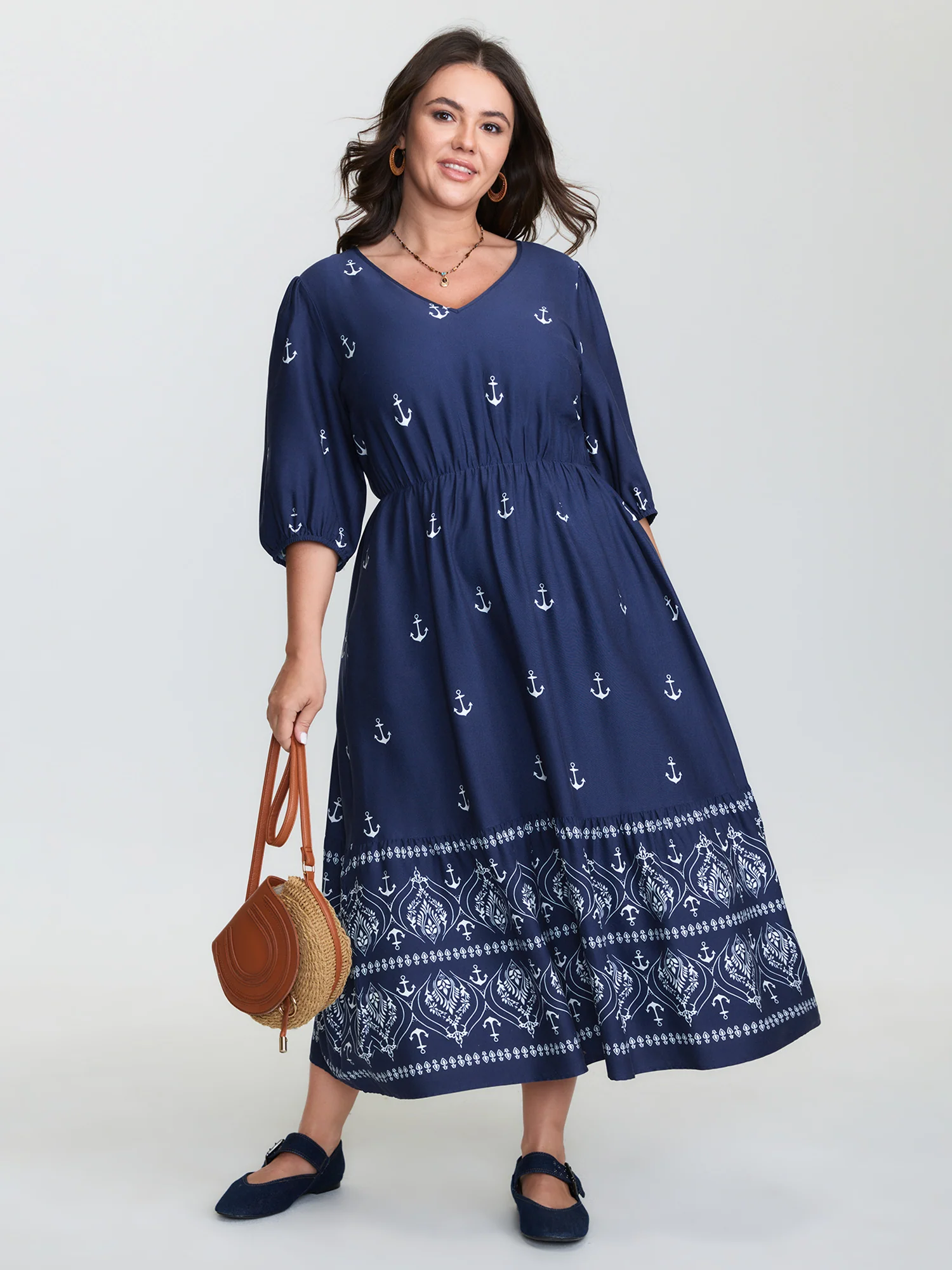 Boho Print Waist-Defining Midi Dress