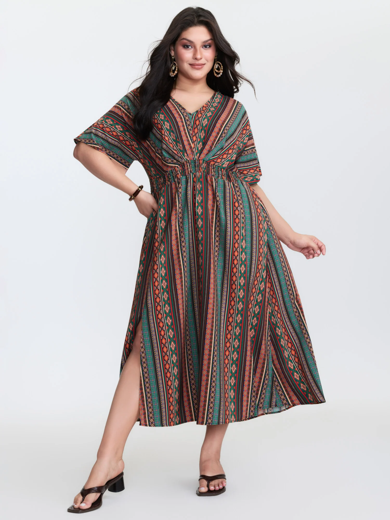 Boho Stripe Print Shirred Waist Midi Dress