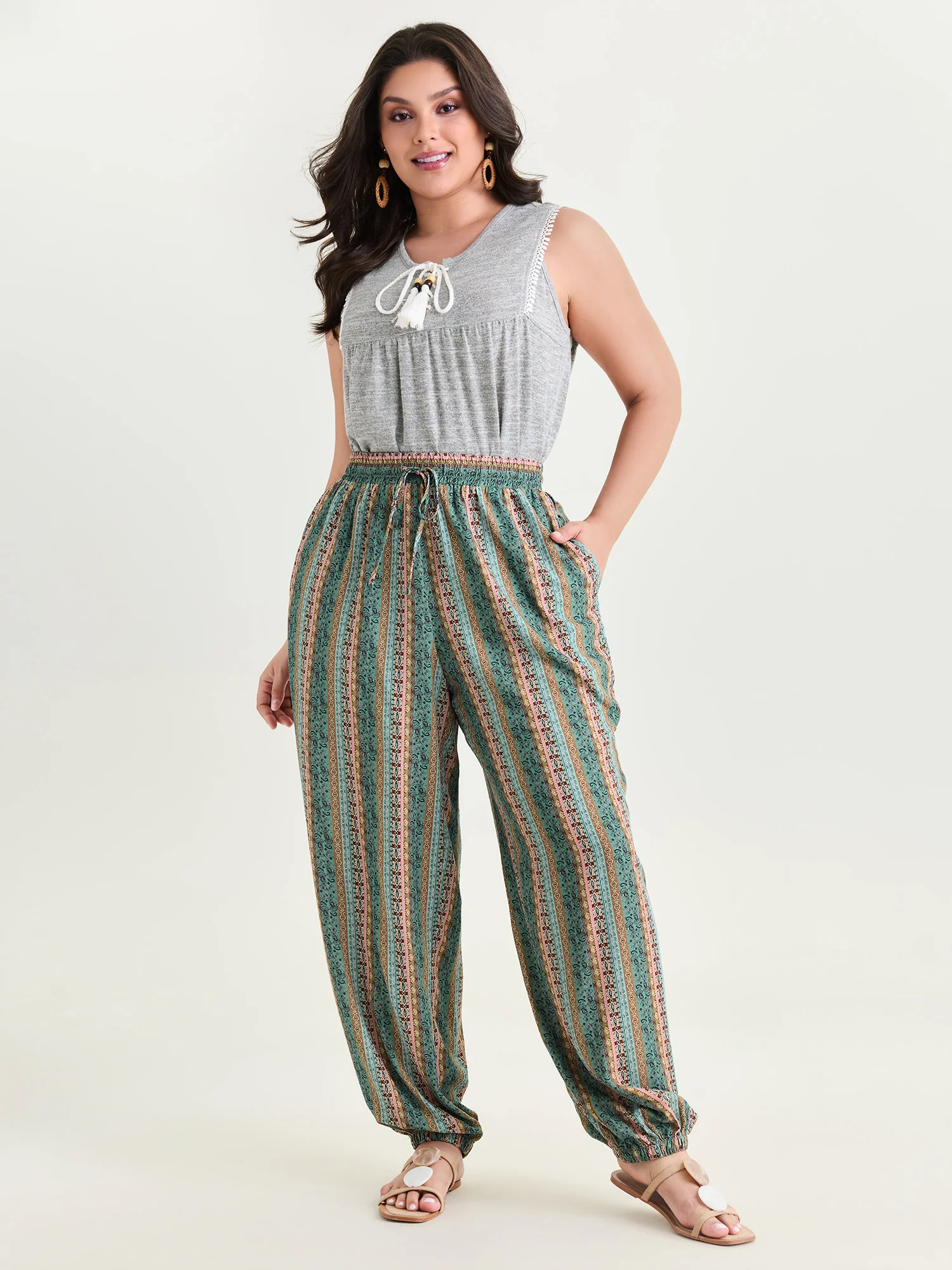 Boho Striped Print Drawstring Pants