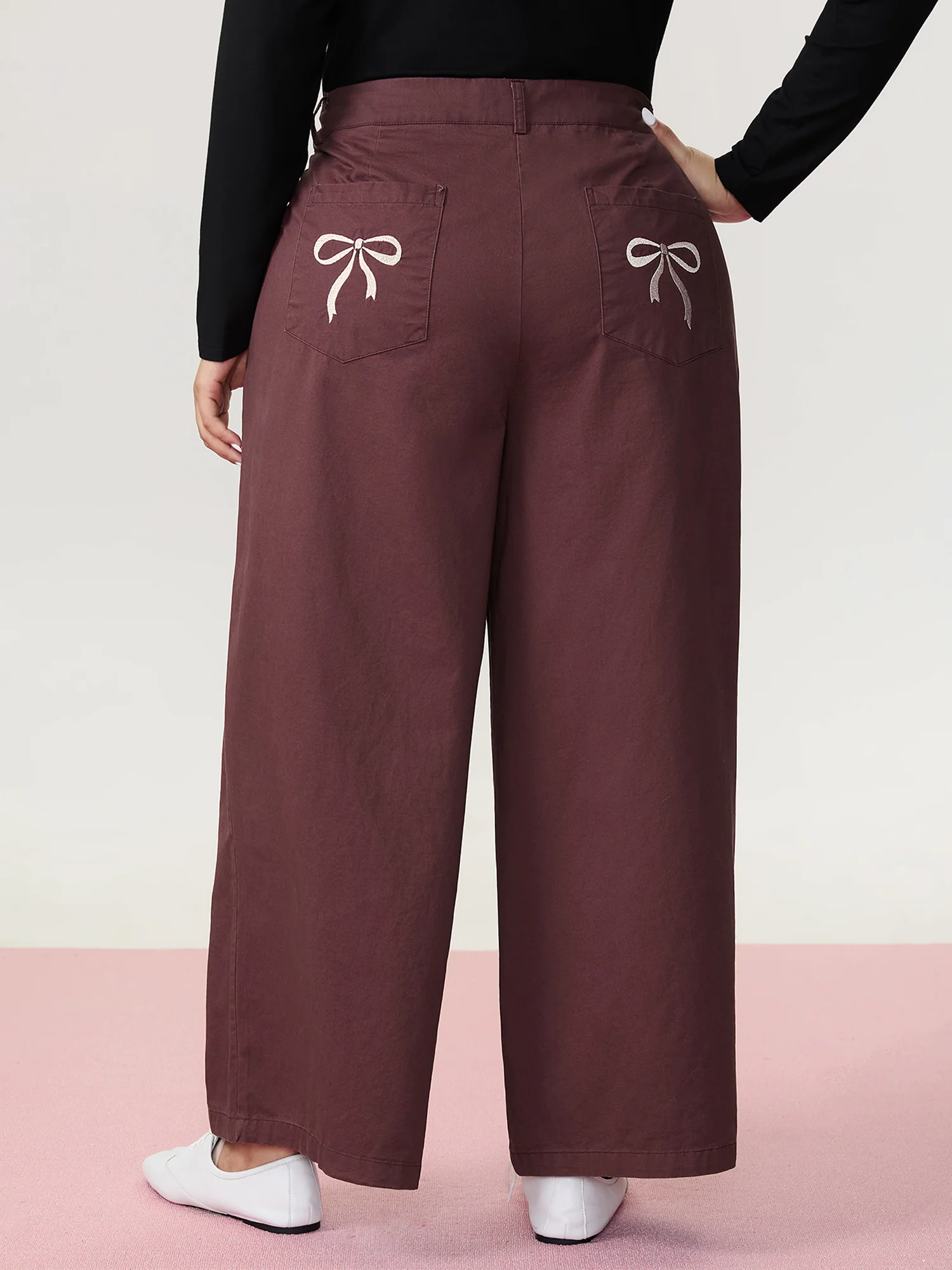 Cotton Bow Embroidery Pockets Plain Pants