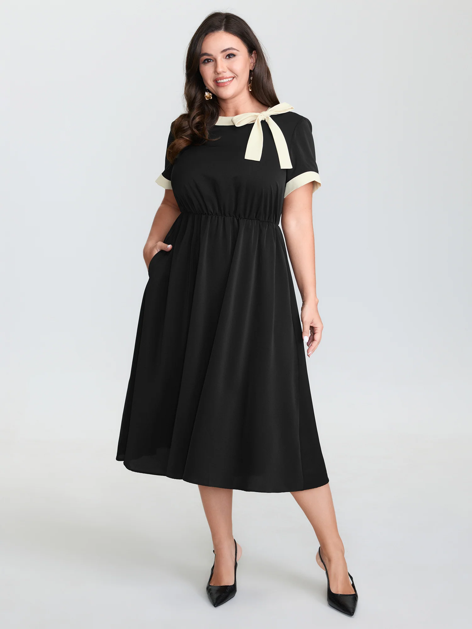 Bow Neckline Stretchy Waist Midi Dress