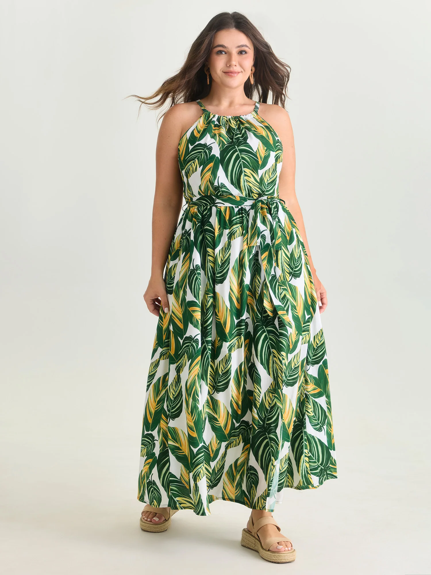 Breezy Tropical Print Halter Neckline Maxi Dress