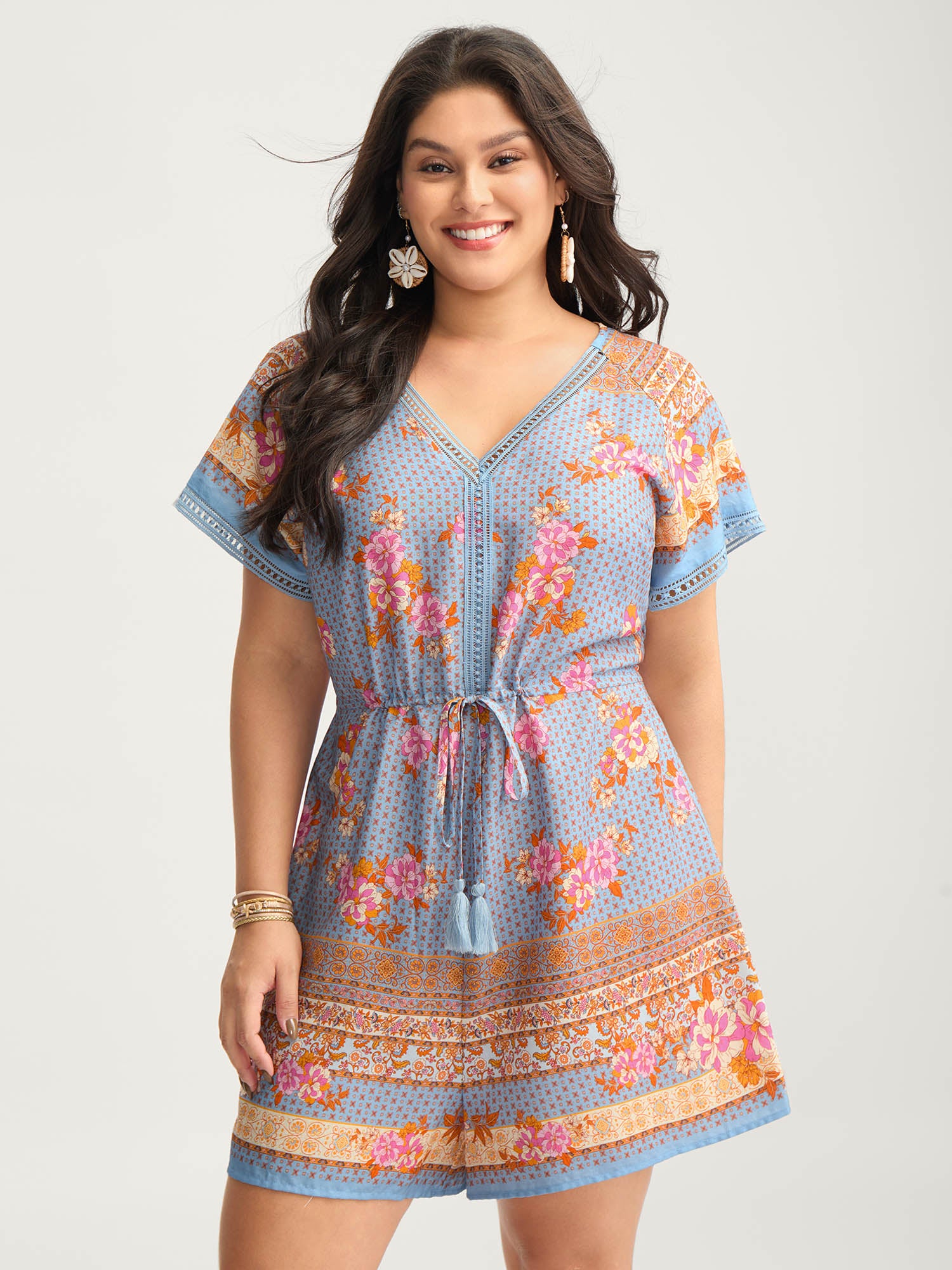 Bright Floral Print Waist-Tie Romper