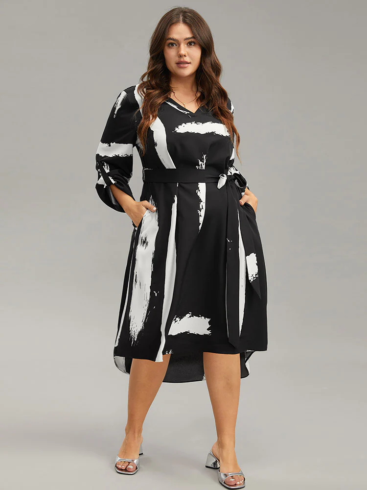Brush Print V Neck Belted Tab Sleeve Dress