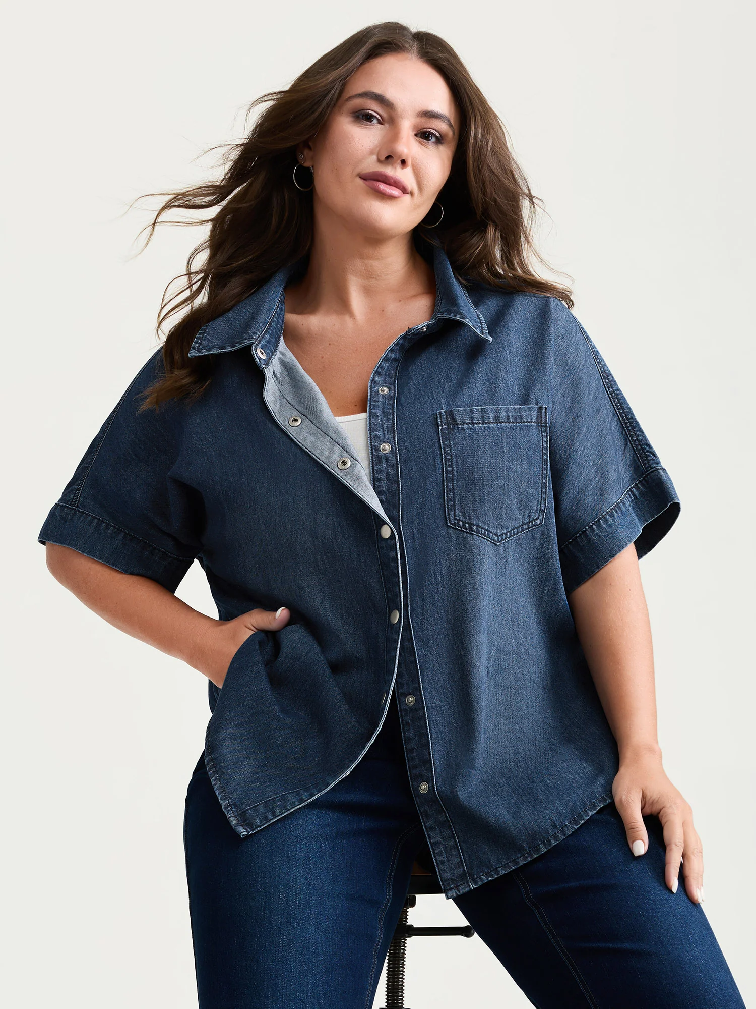 Button Detail Collar Pocket Denim Top