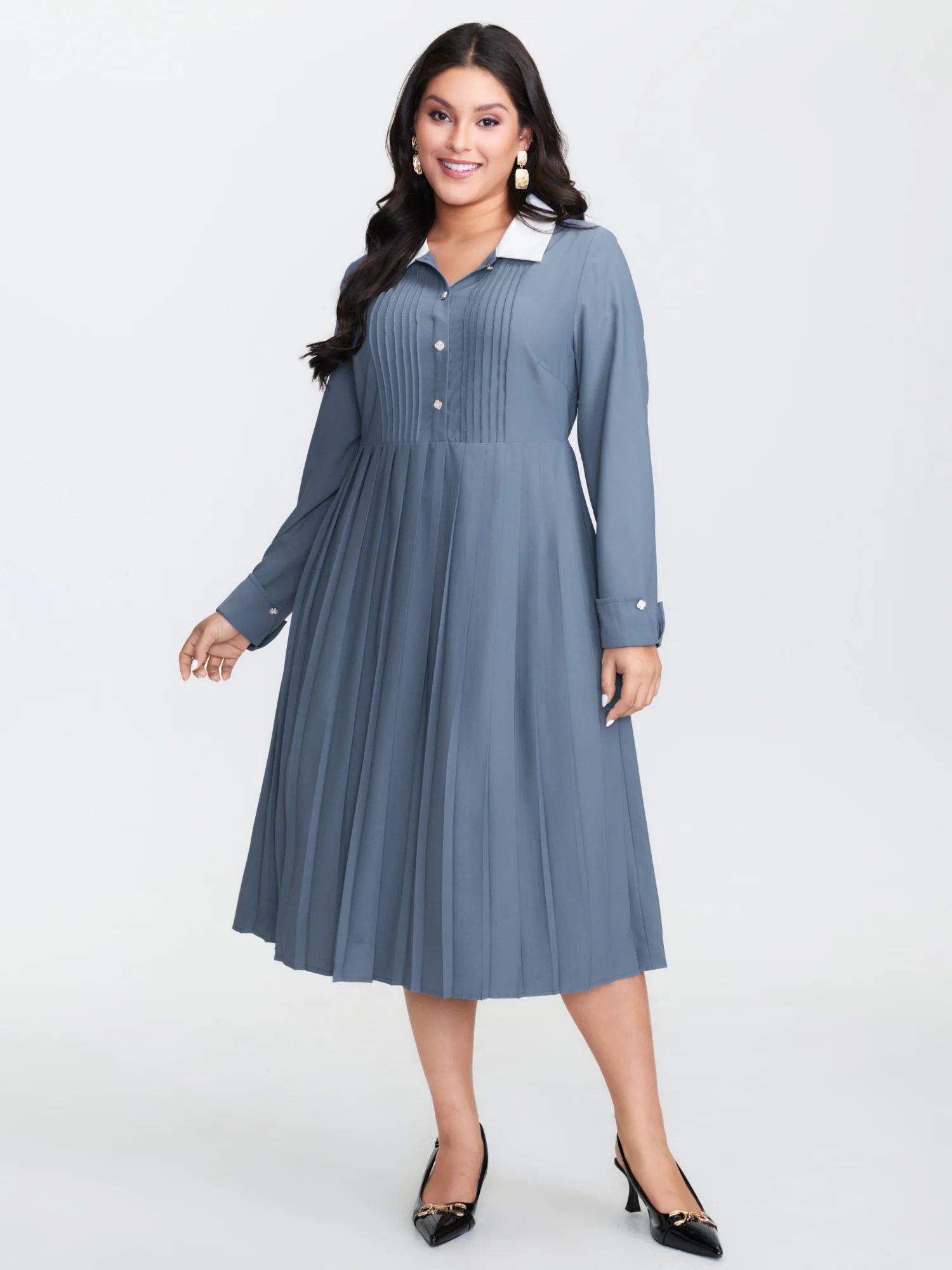 Button Detail Pleated Pockets Midi Dress