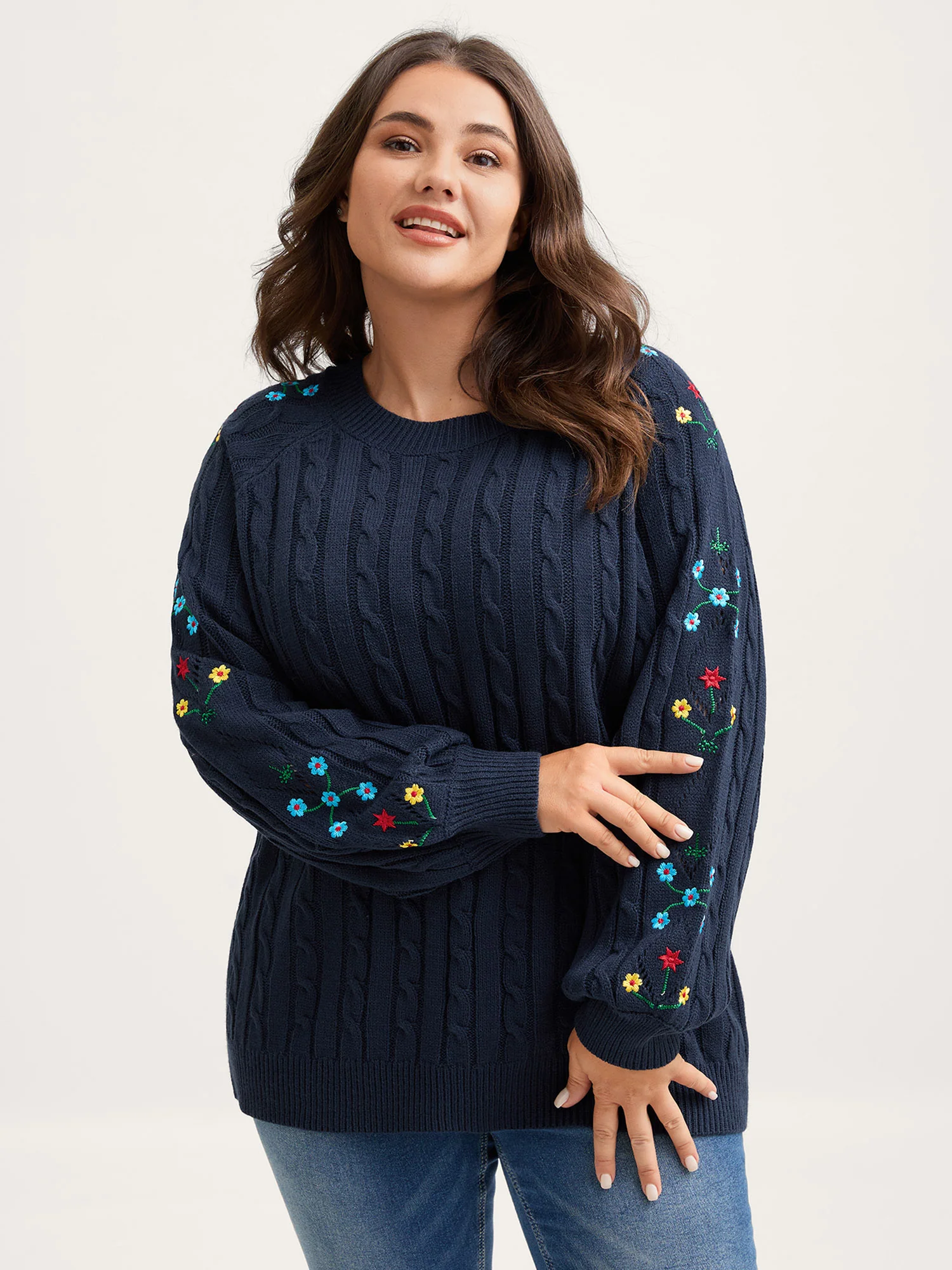 Cable Knit Embroidered Raglan Sleeve Pullover