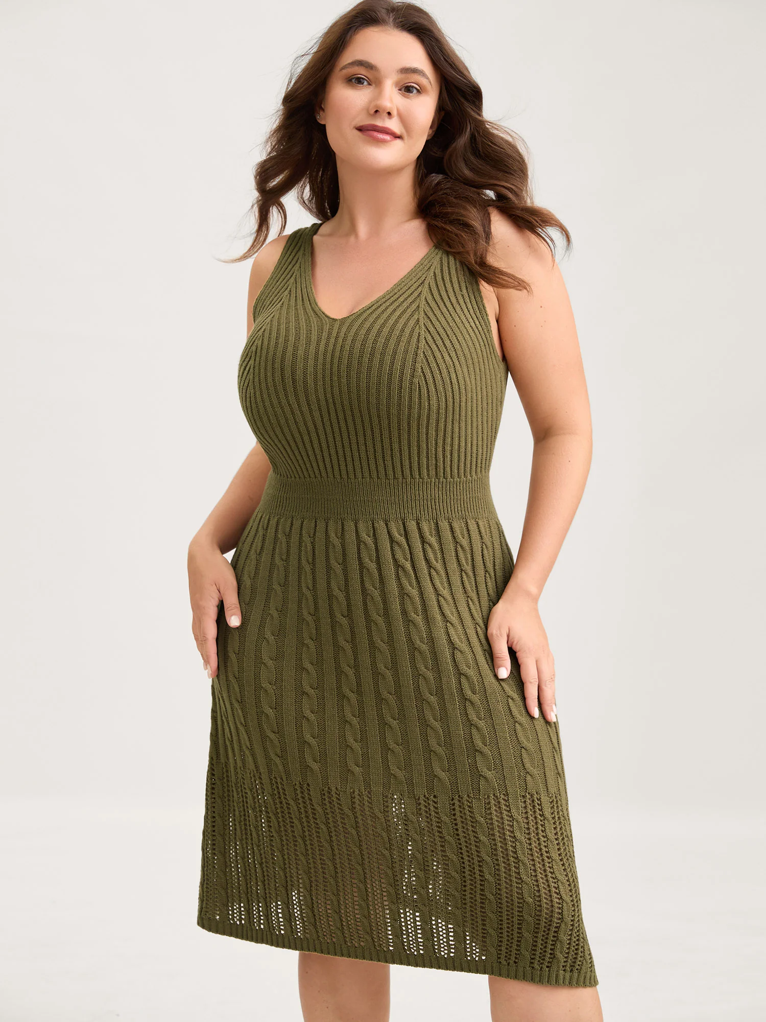 Cable-Knit Waist-Cinched Woven Midi Dress