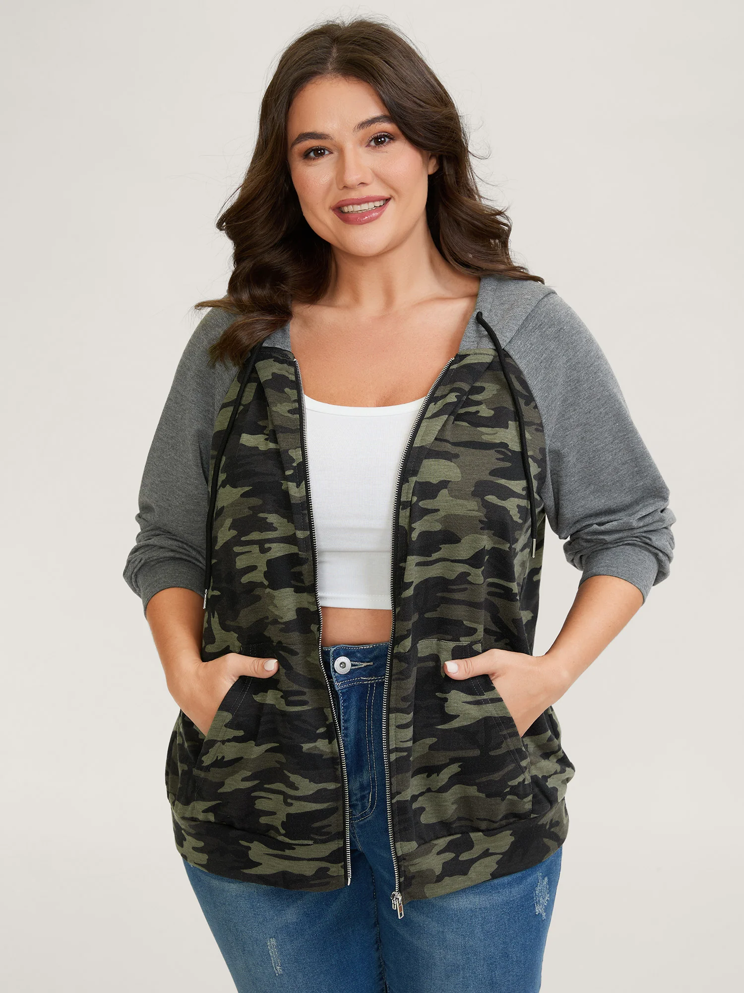 Camouflage Print Color Contrast Zipper Hoodie