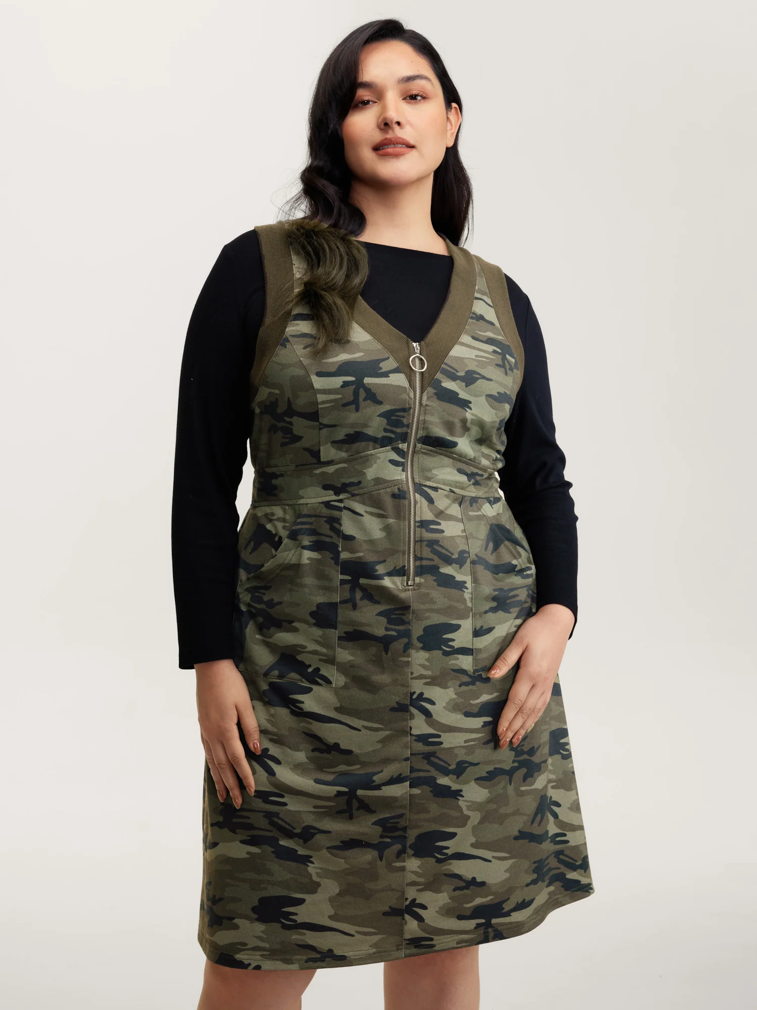 Camouflage Print Zipper Front Pockets Midi Dress