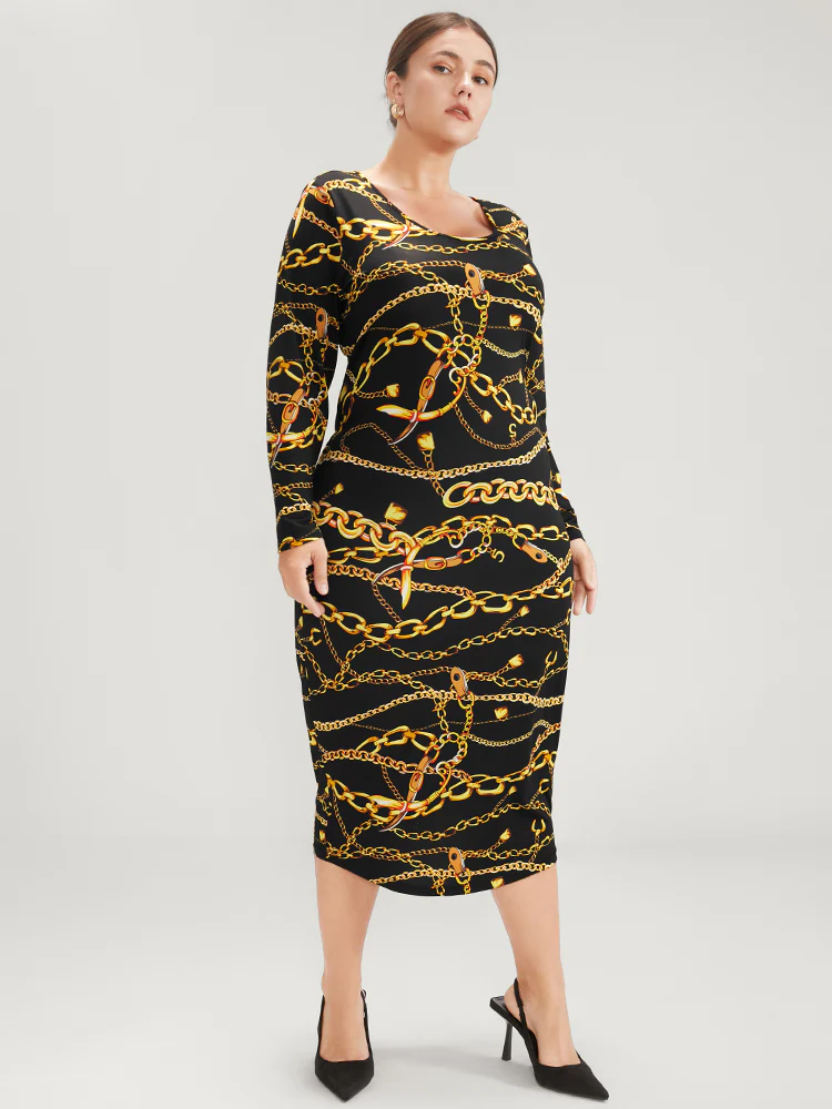 Chain Print Round Neck Bodycon Midi Dress