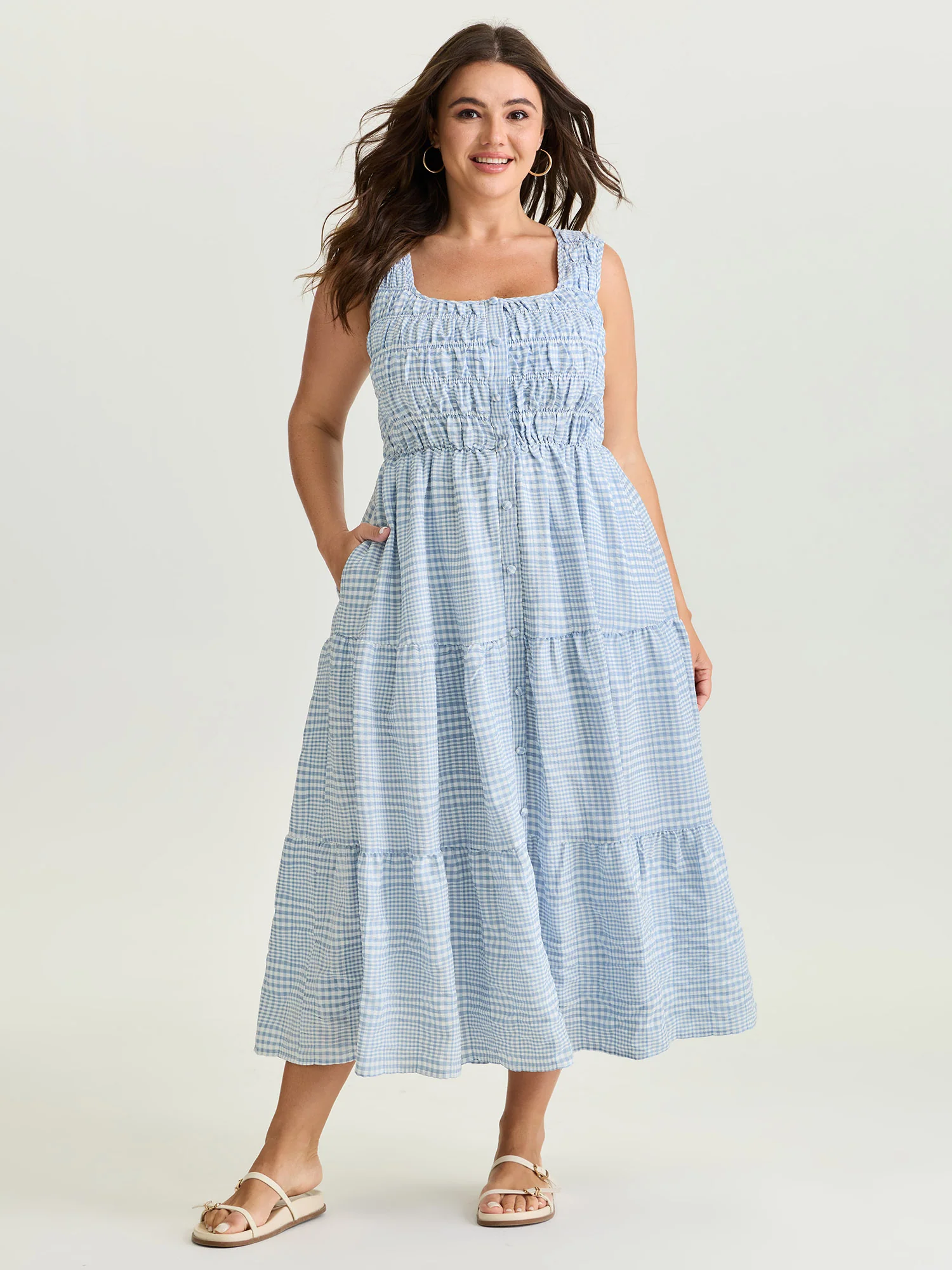 Check Pattern Shirred Bodice Midi Dress
