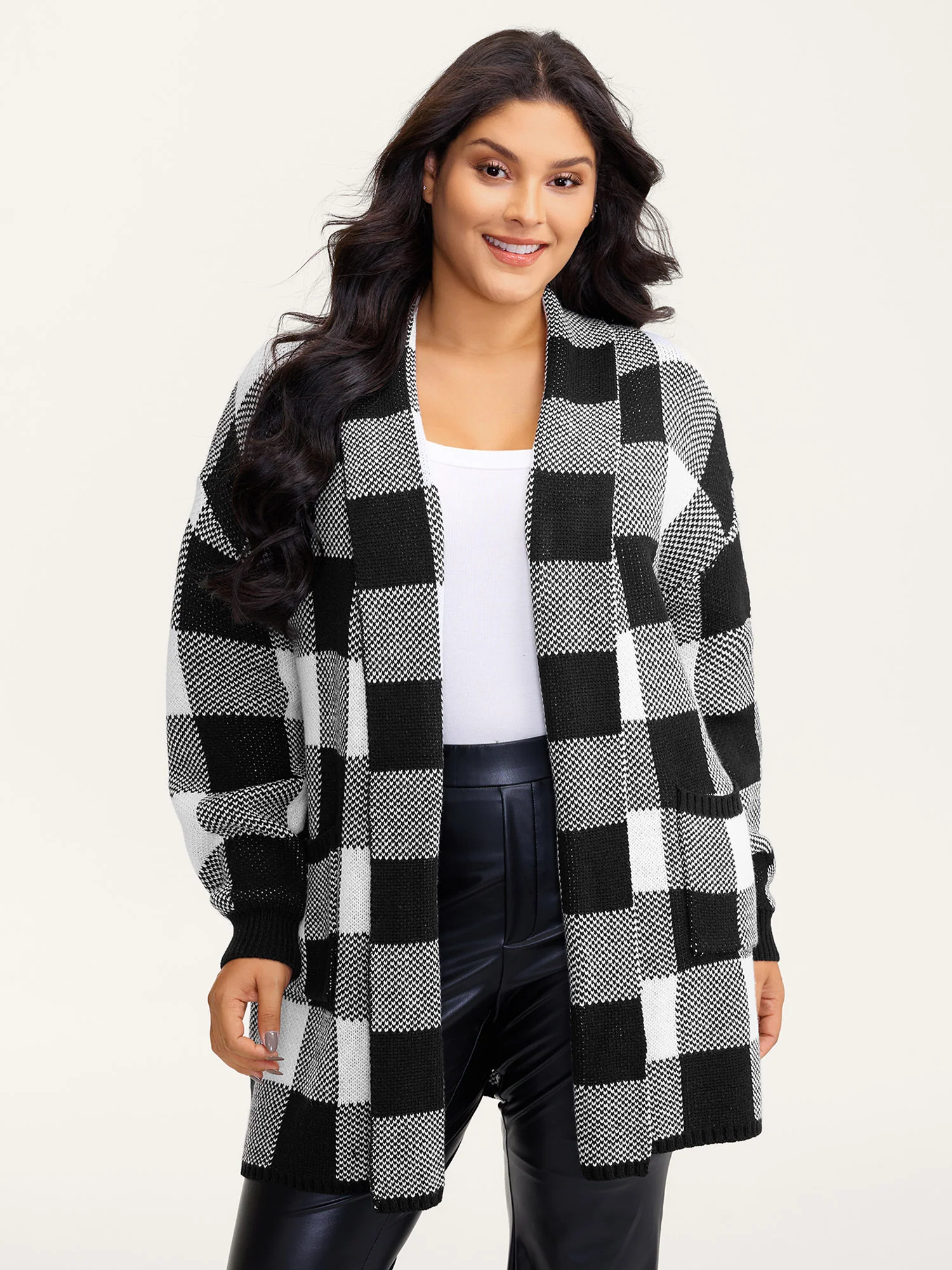 Checkered Jacquard Folded Collar Knit Cardigan