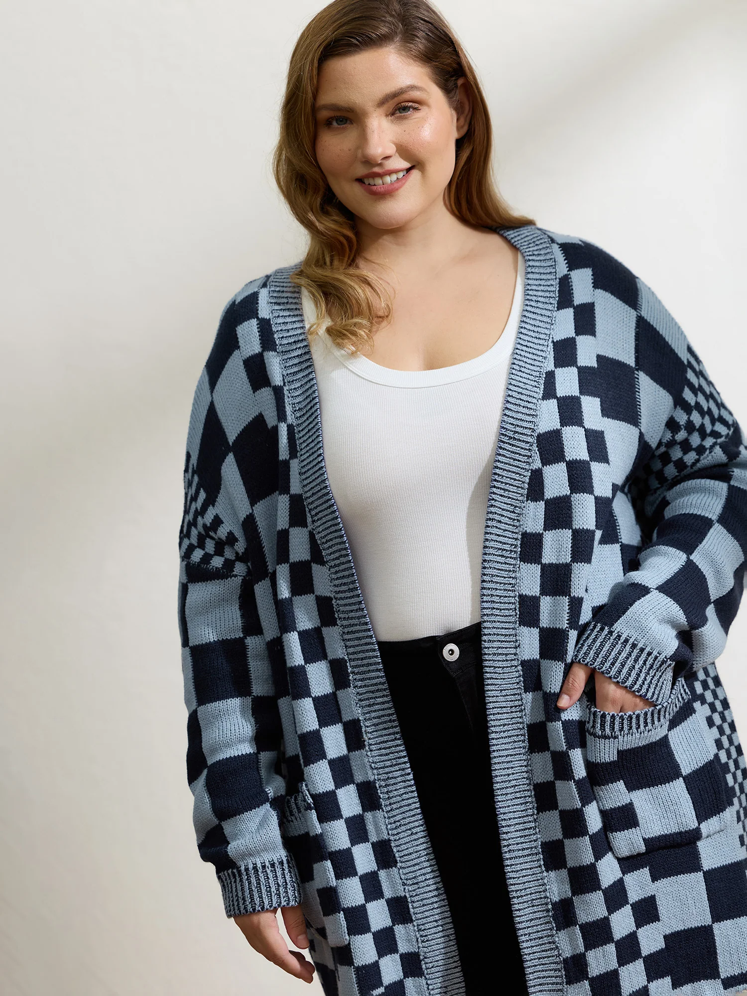 Checkered Relaxed-Fit Drop Shoulder Cardigan