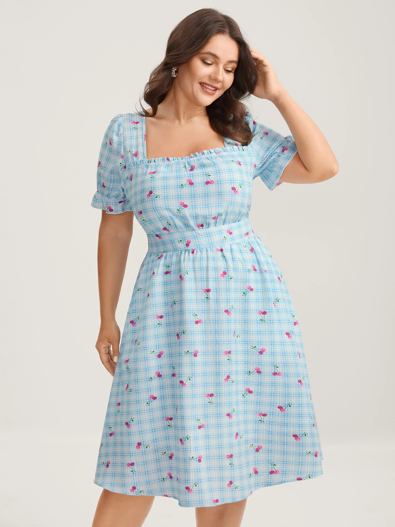 Cherry Gingham Print Shirred Mini Dress
