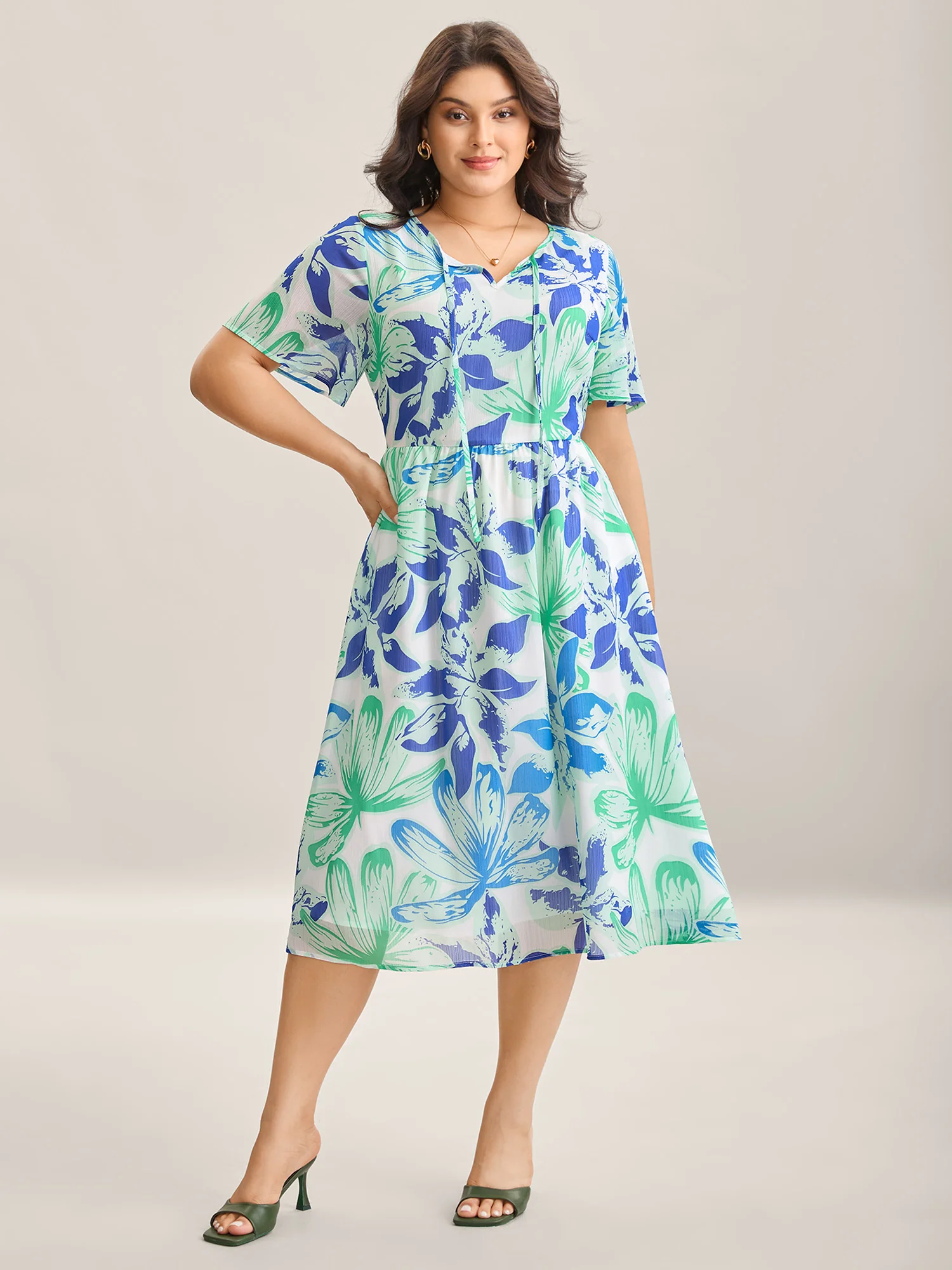 Chiffon Floral Neck Tie Lined Midi Dress