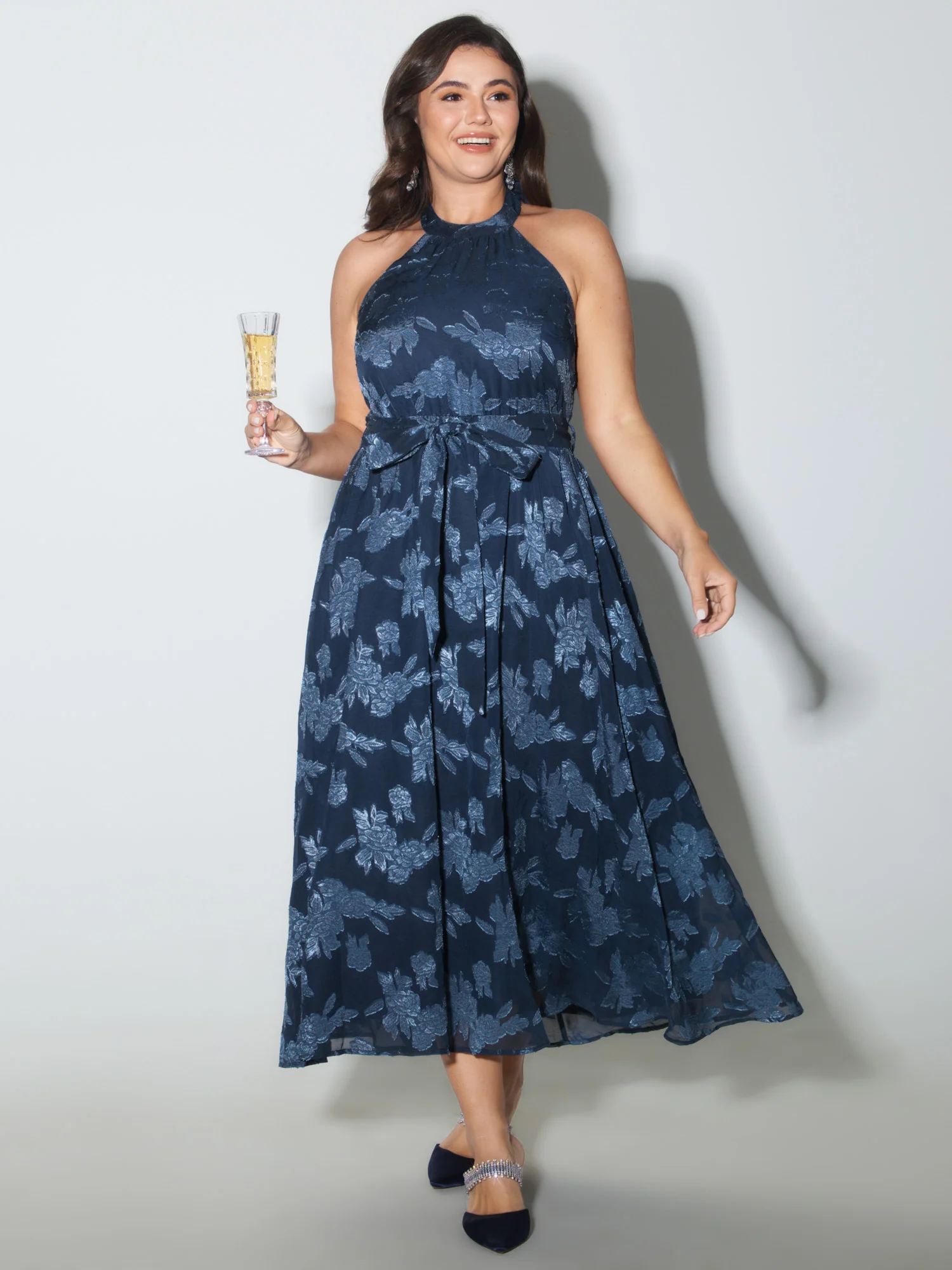 Chiffon Jacquard Halter Neck-Tie Maxi Dress