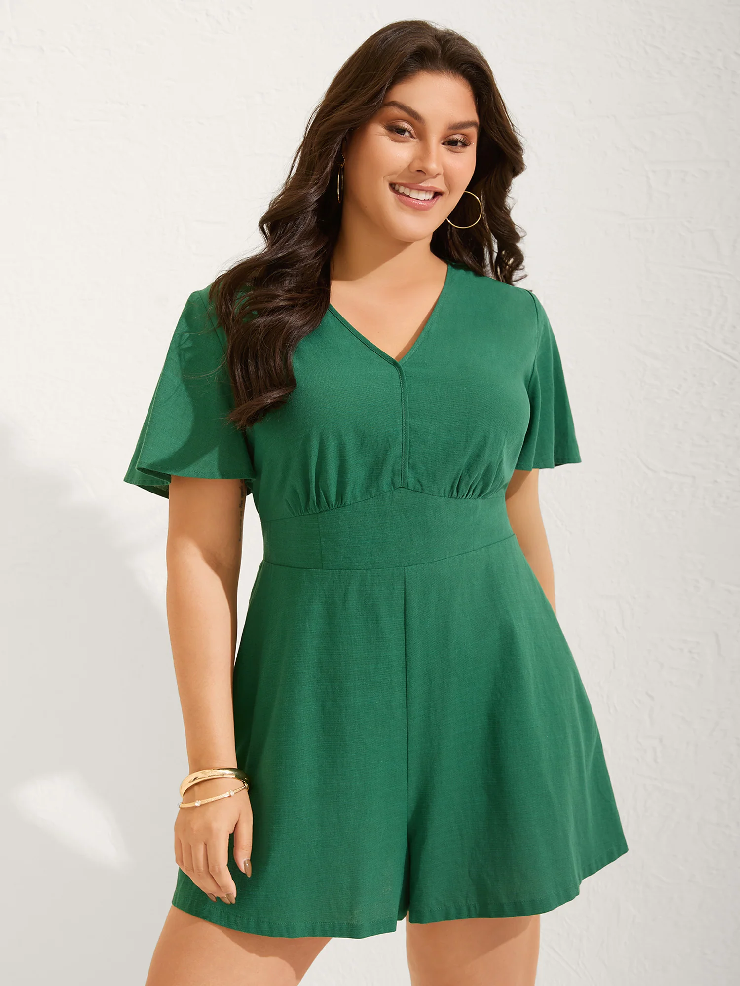 Cinched-Waist V-Neck Solid Romper