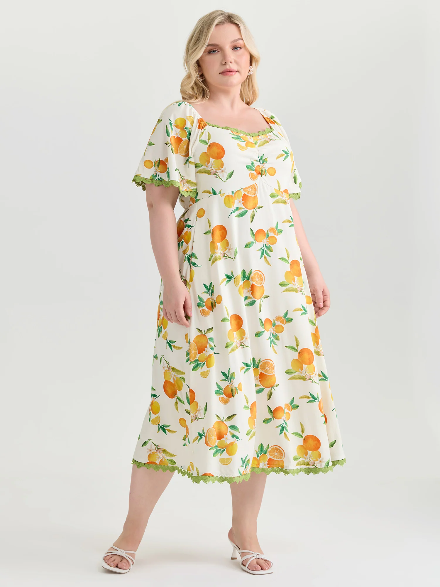Citrus Print Lace Trim Ruched Midi Dress