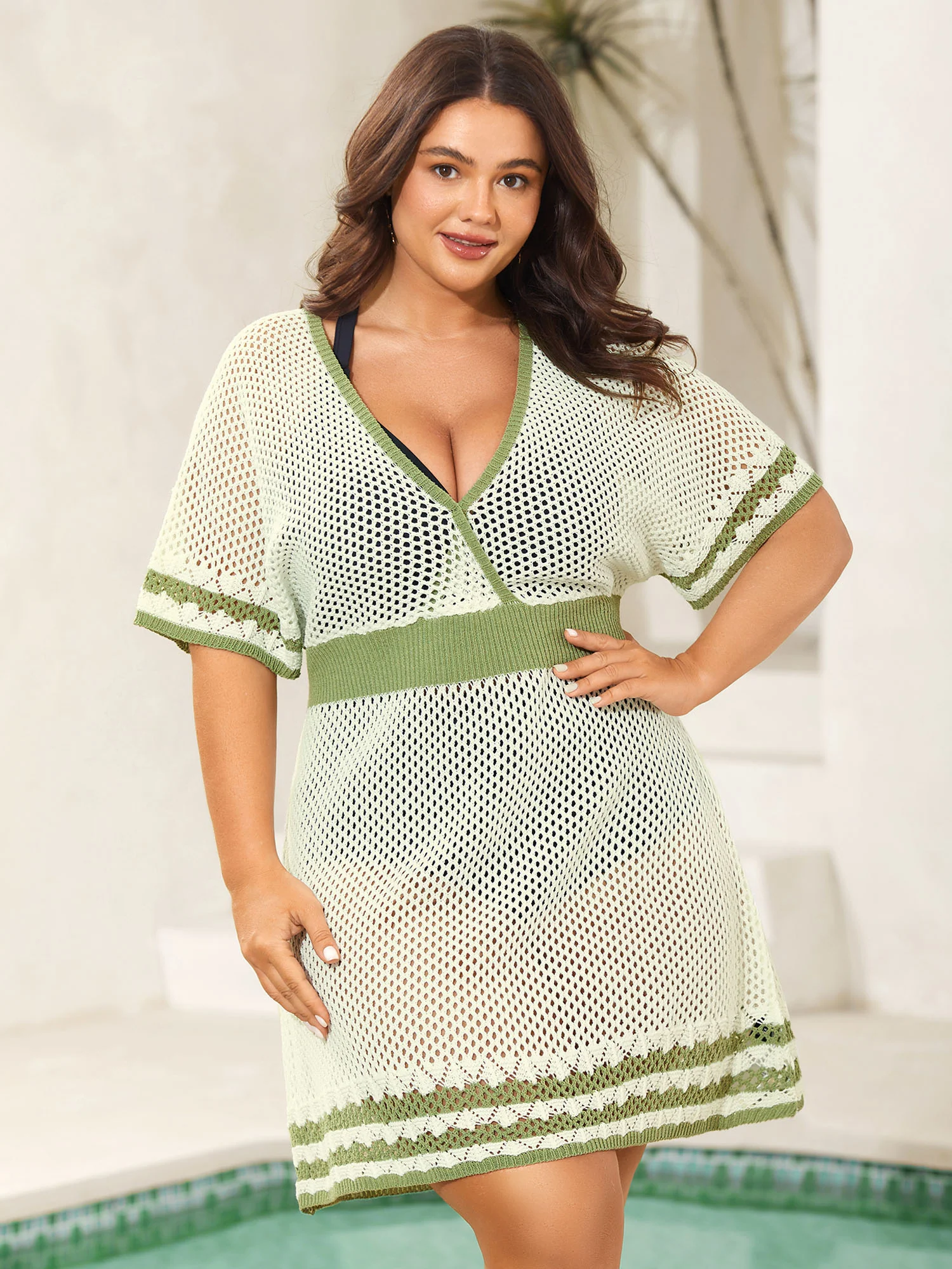 Color Contrast Backless Surplice Swim Cover-Up