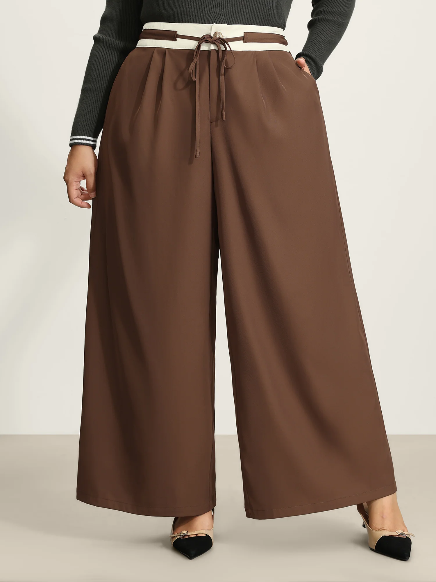 Color Contrast Drawstring Wide-Leg Pants