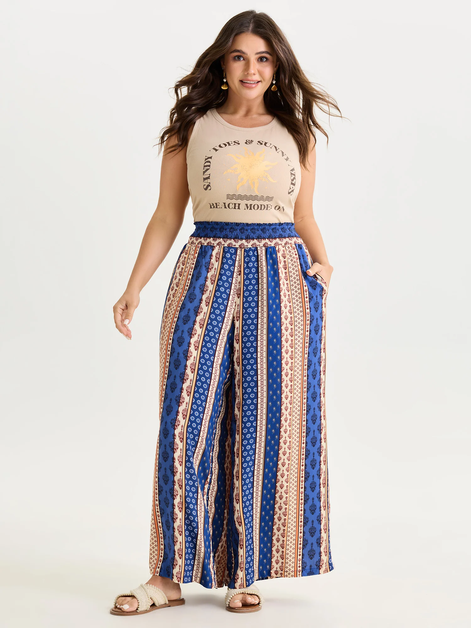 Color Contrast Striped Print Shirred Pants