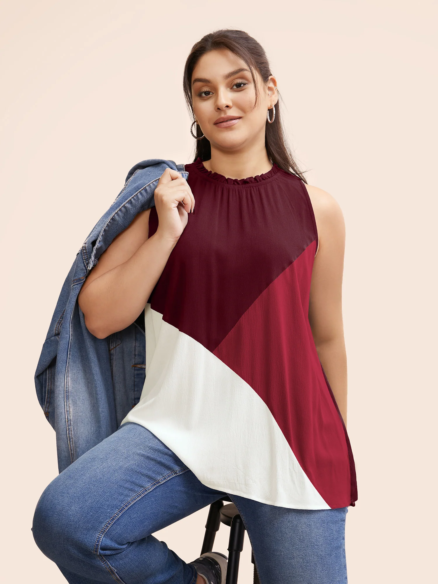 Colorblock Contrast Frill Trim Gathered Tank Top